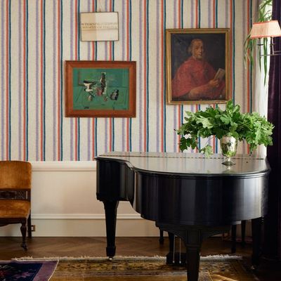 Life is a Banquet Stripe Wallpaper by Lingua Franca – Persimmon + Blue