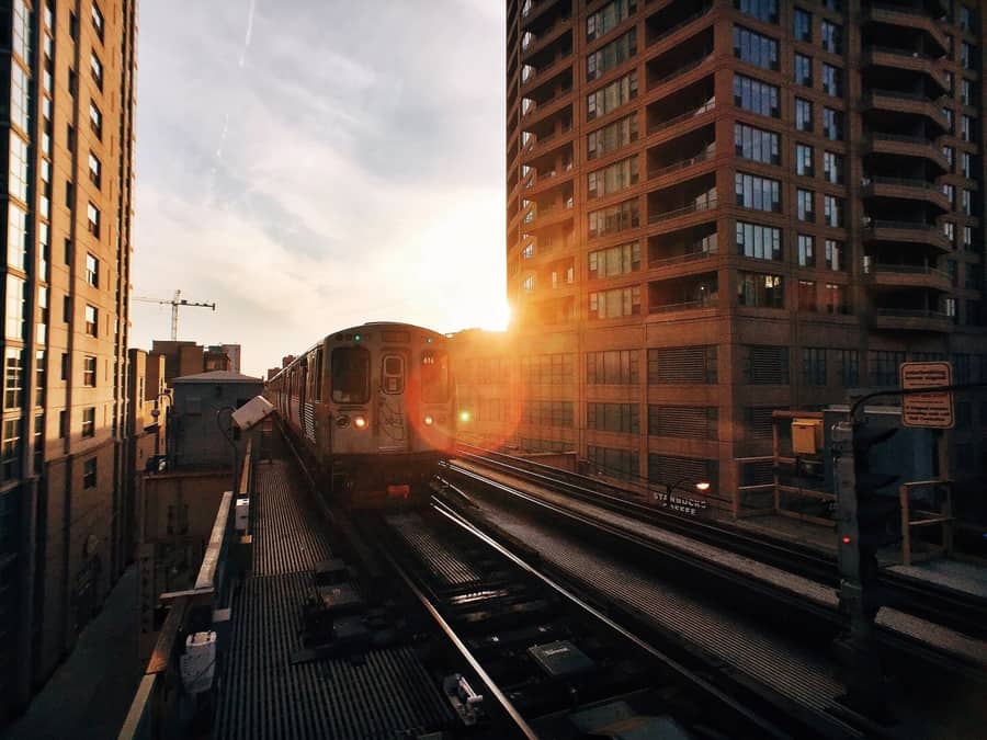 Chicago train in the sunset