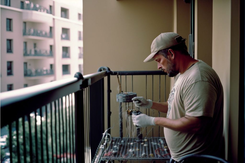 40 years old man installing handrail on th balcony