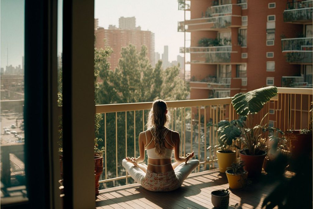 20 years old woman doing yoga on the balcony