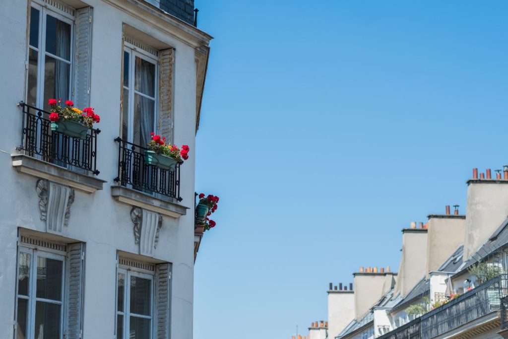 Red flowers on Juliet balconies