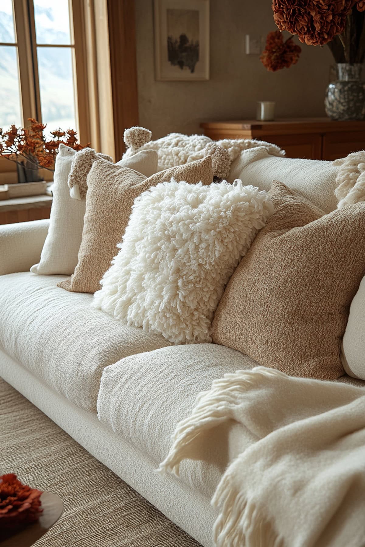 Beige Aesthetic Apartment - Cozy Knit Throws and Cushions 01