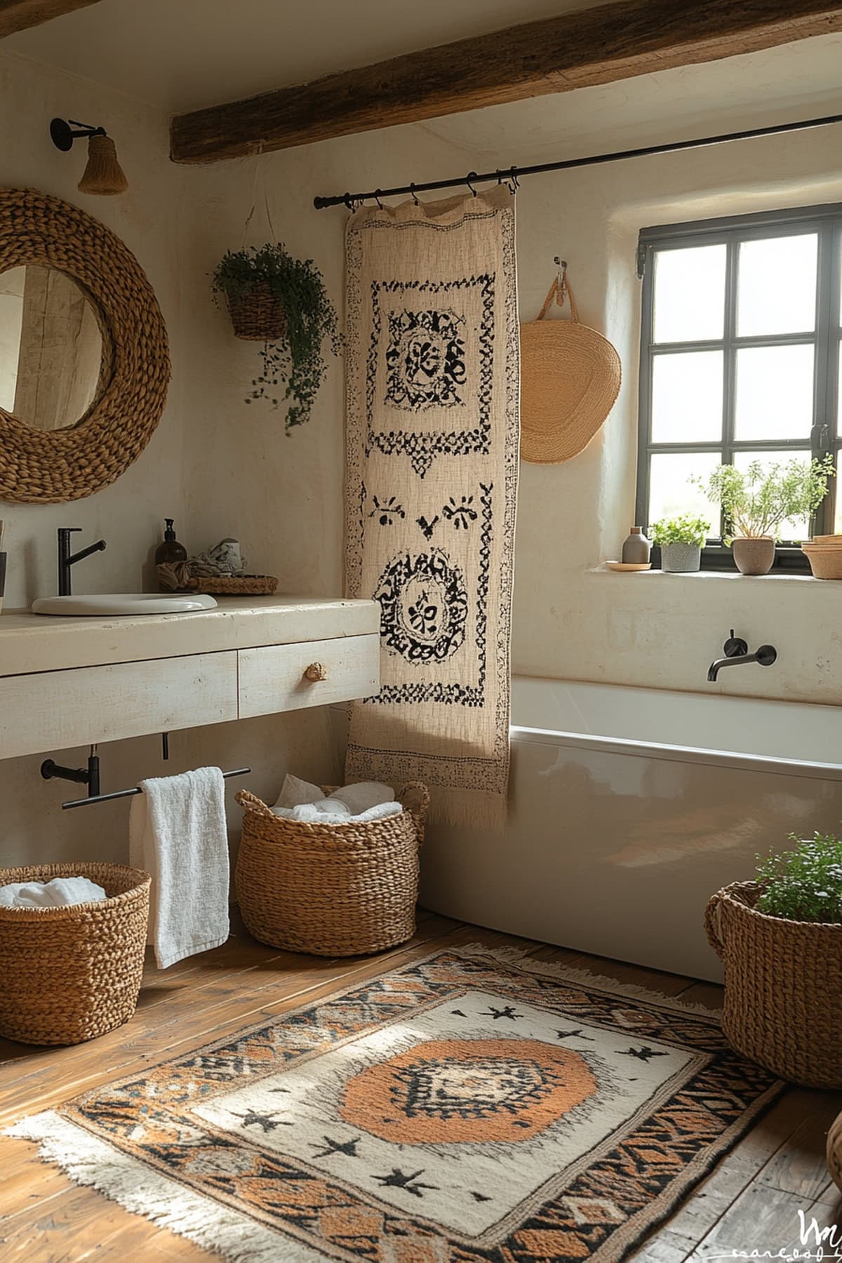 Boho Black and Beige Apartment Bathroom 01