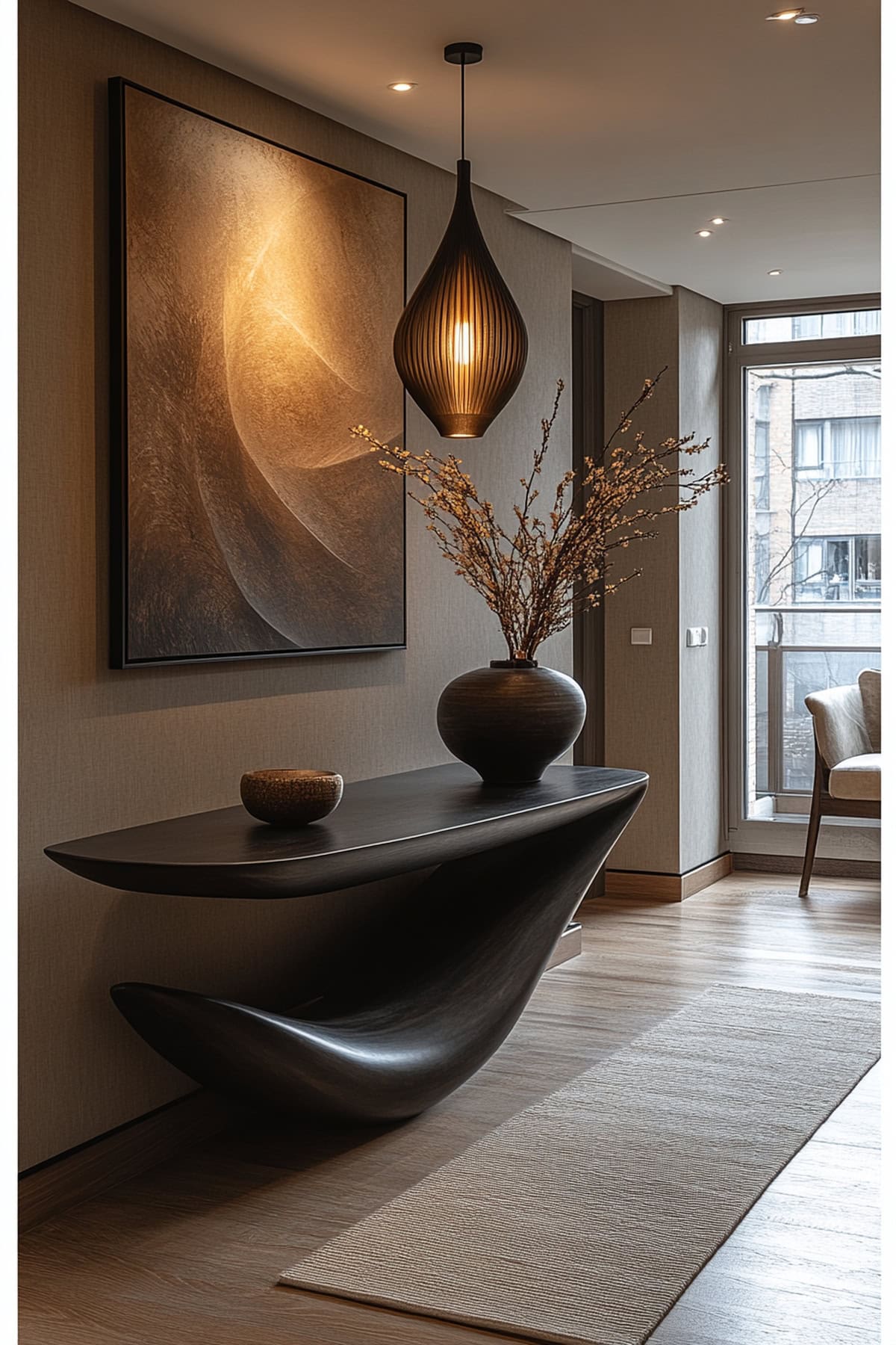 Modern Black and Beige Hallway with Statement Art 01