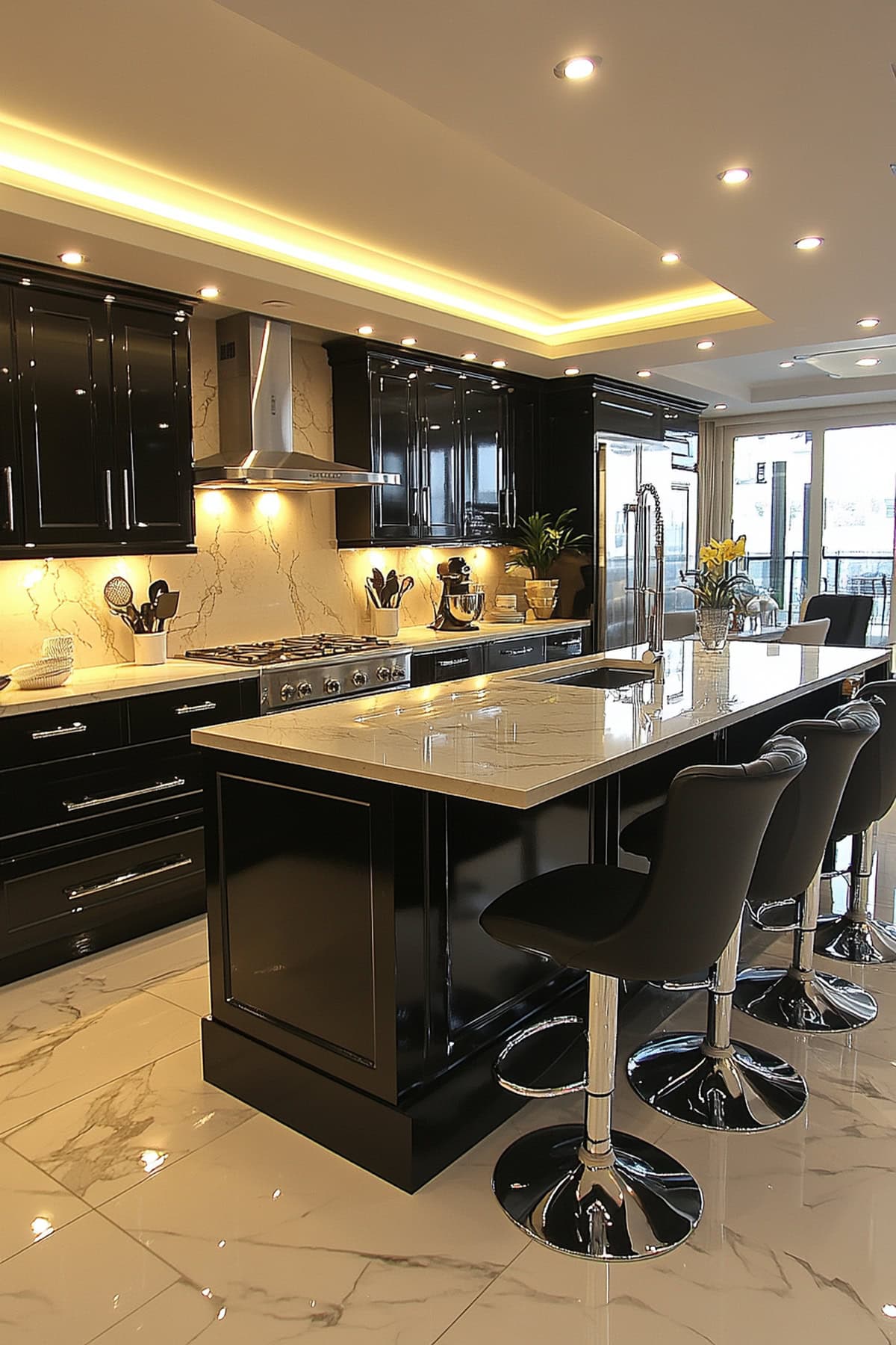 Sleek Black and Beige Apartment Kitchen with High Gloss Finish 01