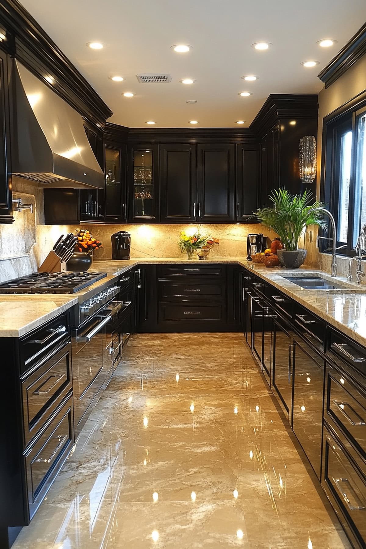 Sleek Black and Beige Apartment Kitchen with High Gloss Finish 02