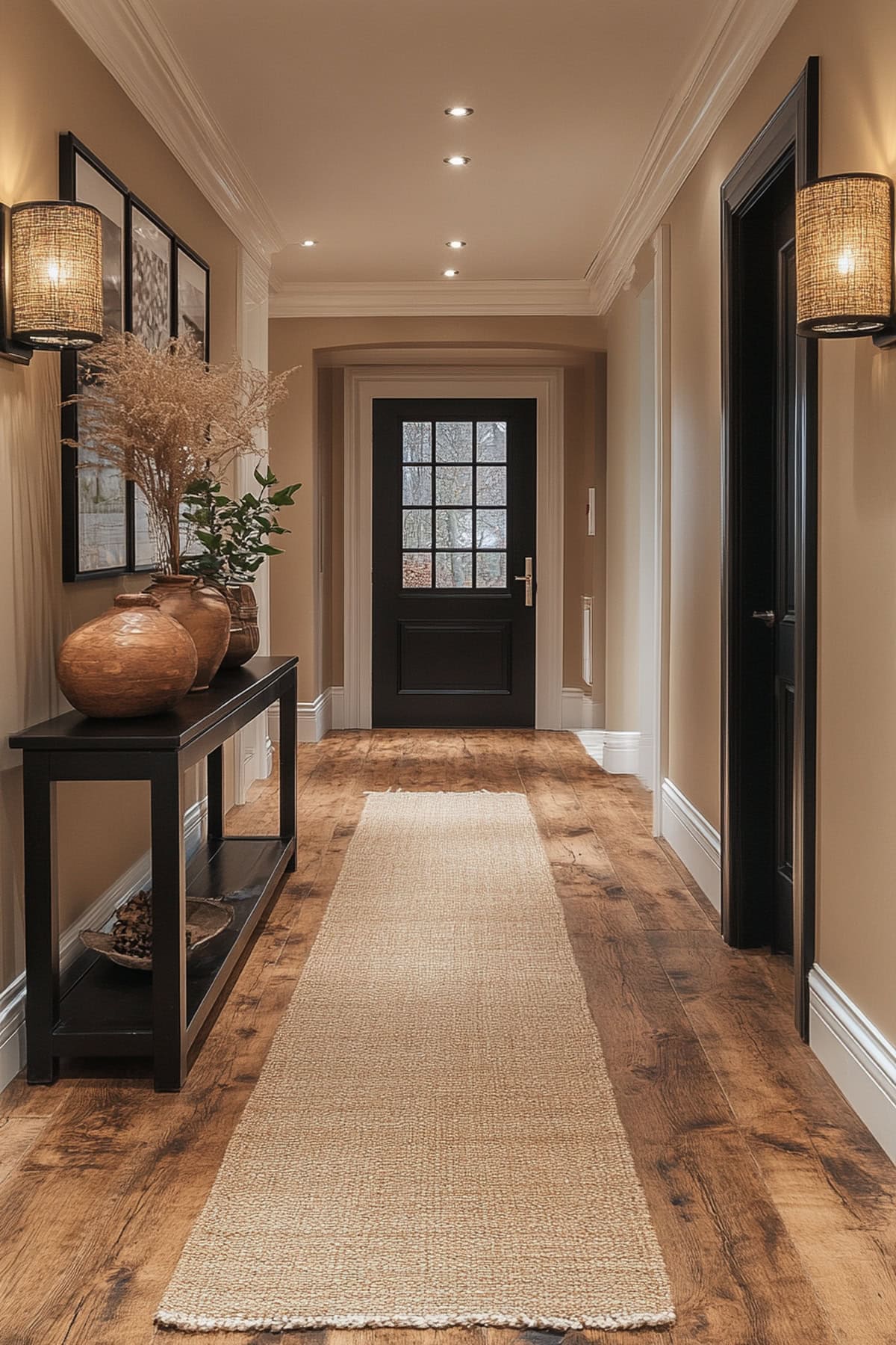 Transitional Black and Beige Hallway with Gallery Wall 01