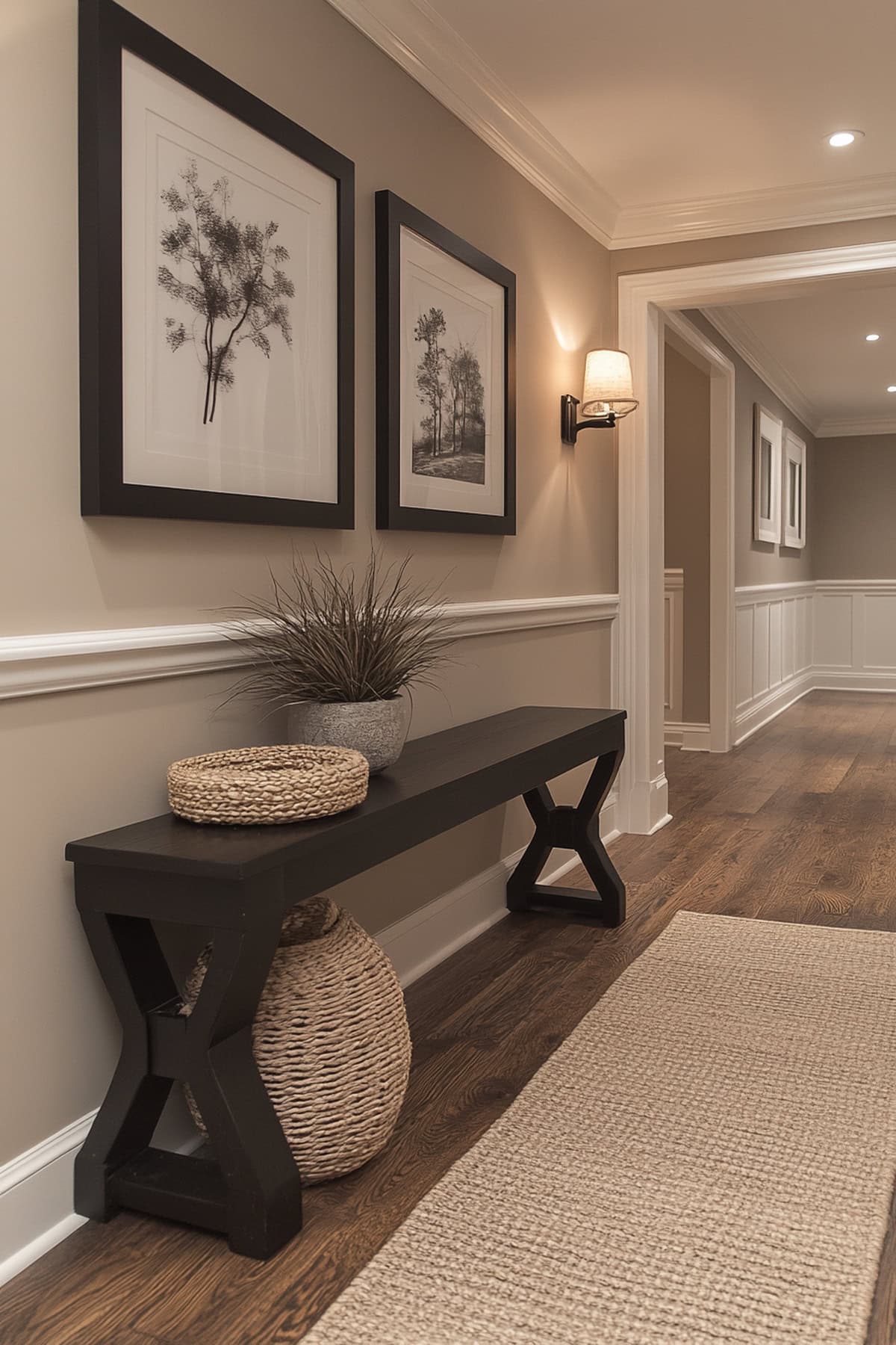 Transitional Black and Beige Hallway with Gallery Wall 02