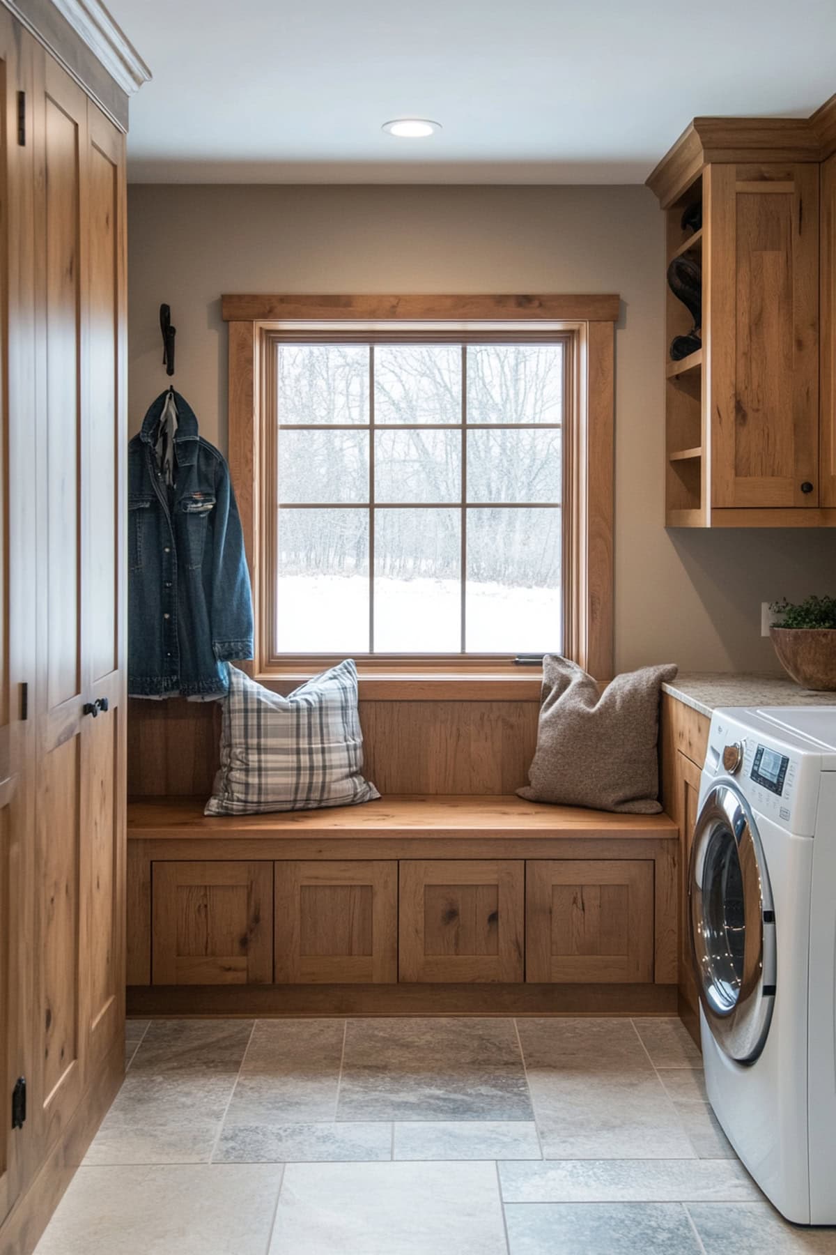 Welcoming mudroom laundry room blending style and functionality with neutral tones, ample storage, an entrance door, and efficient design elements.