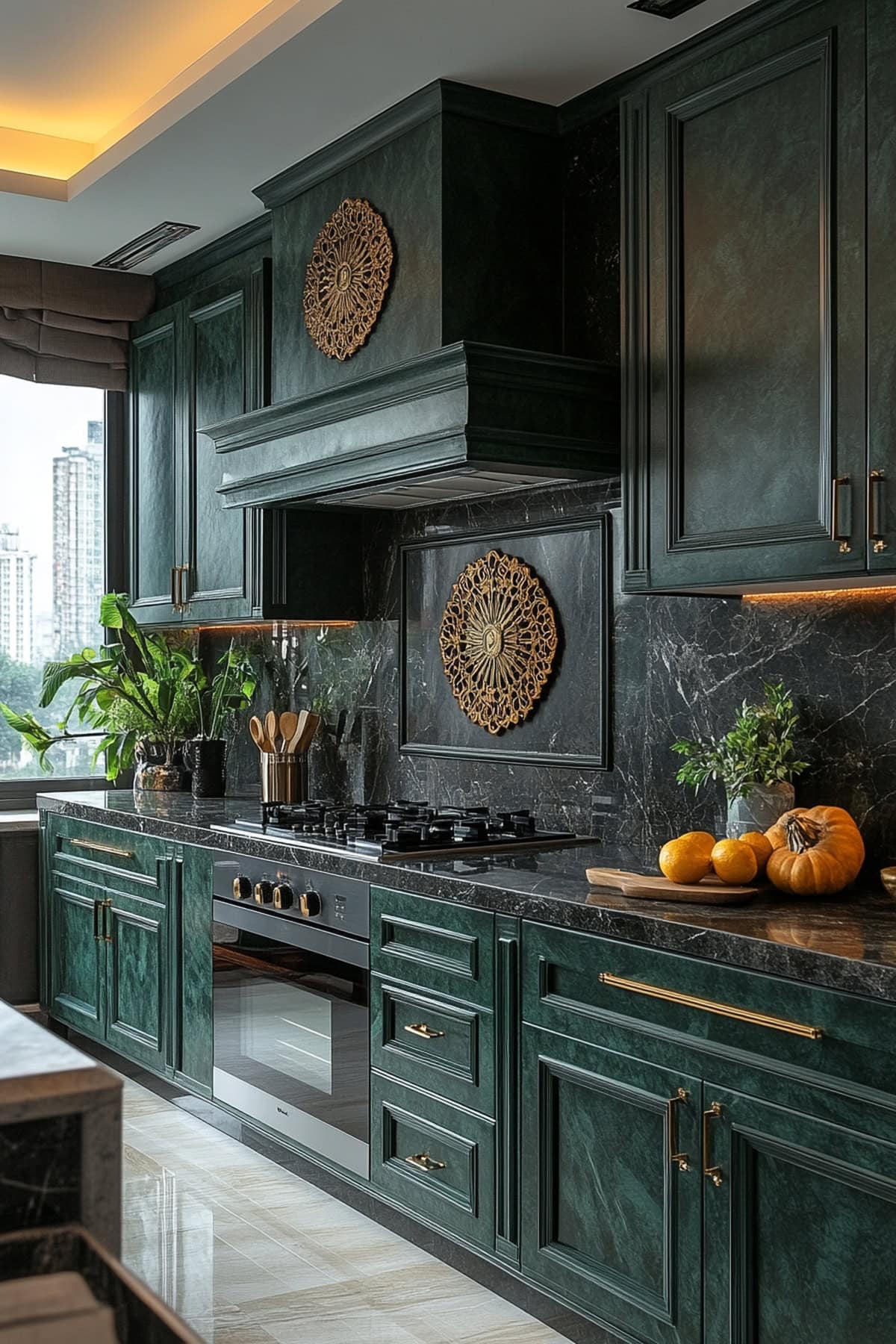 Art Deco Forest Green Apartment Kitchen - 02