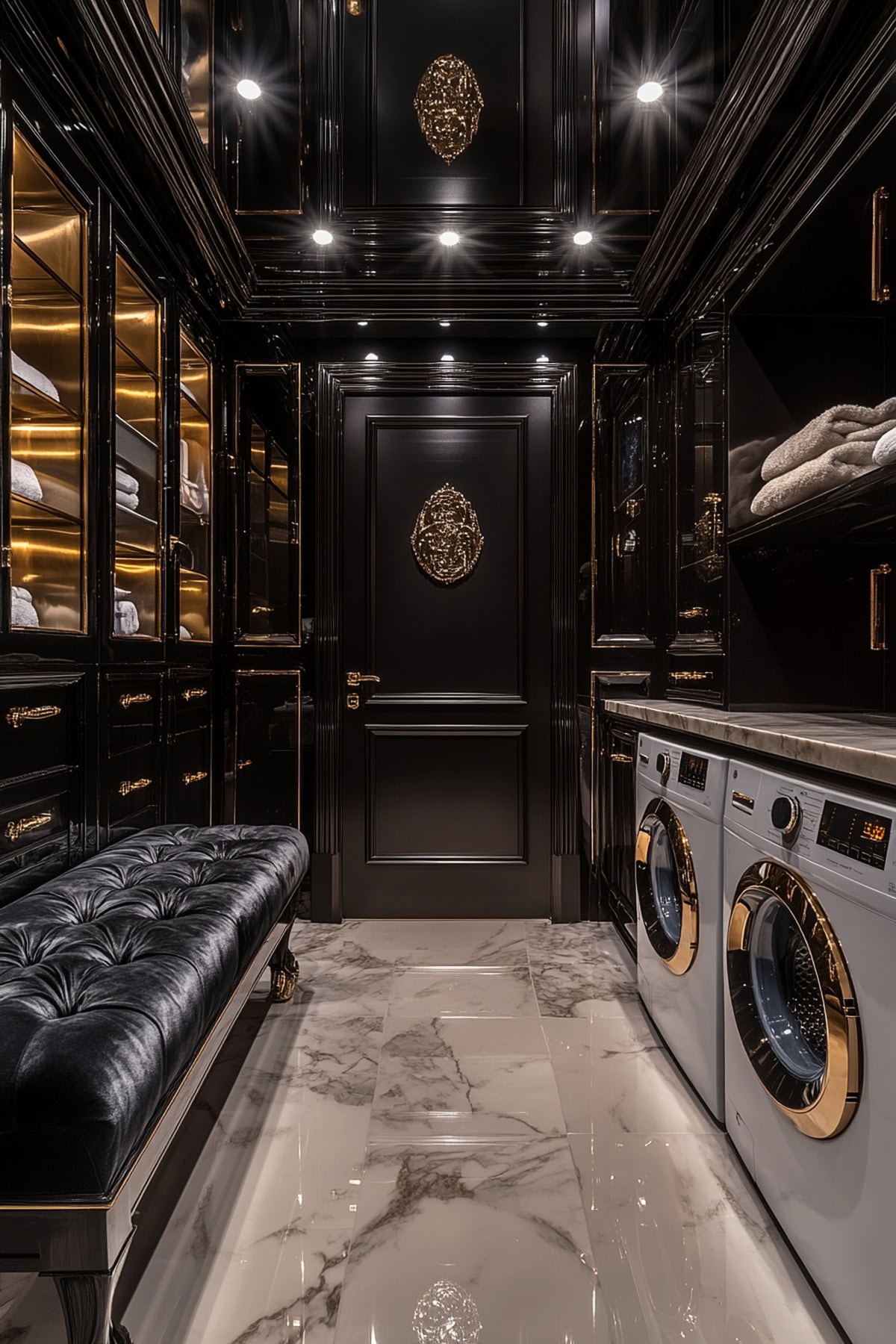 Glamorous mudroom laundry room with ornate cabinets and a velvet bench.