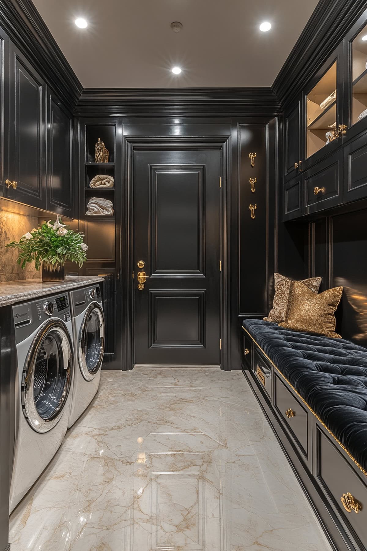 Art Deco mudroom featuring black and gold elements with marble flooring.