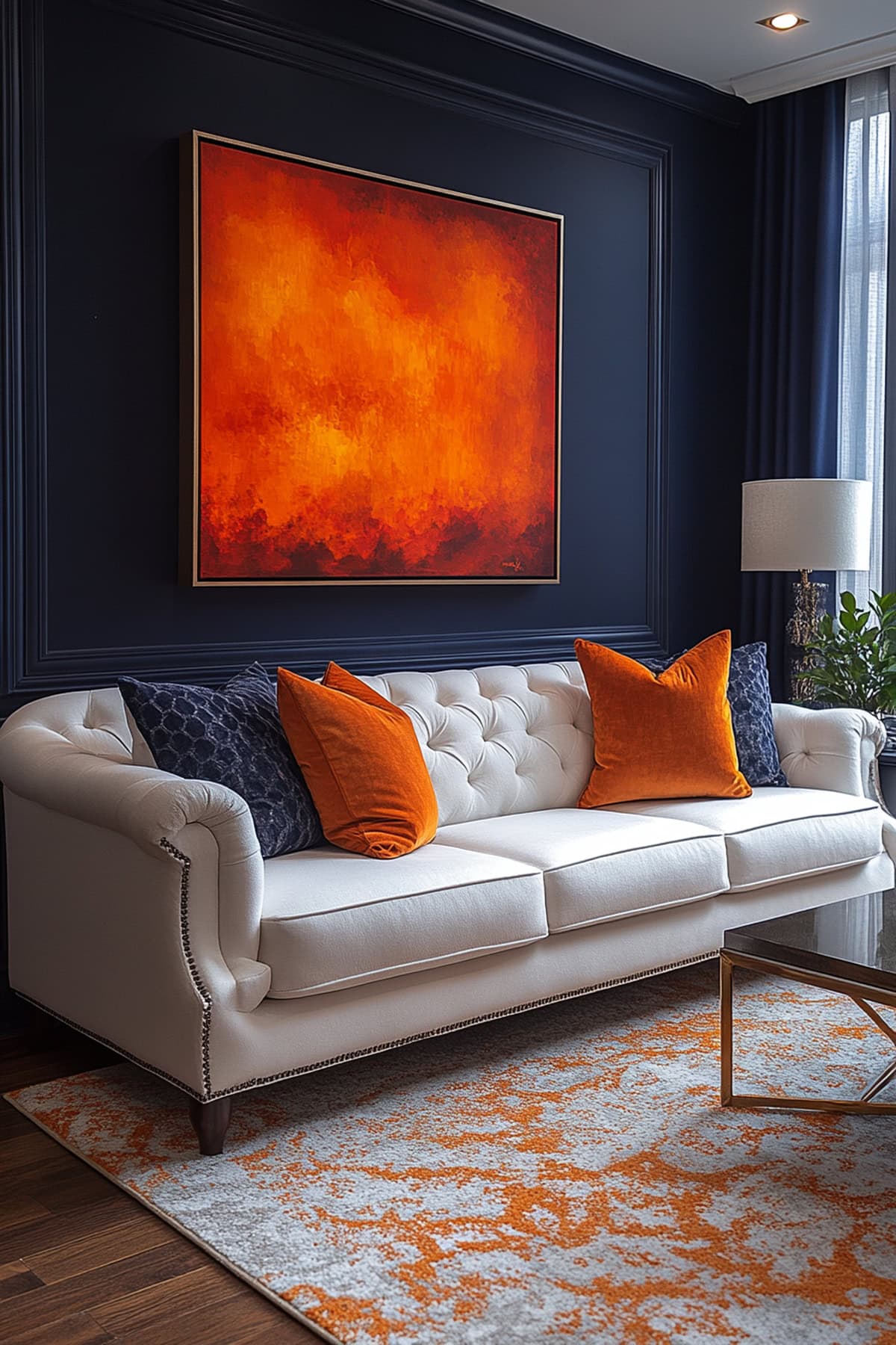 Artistic Dark Blue Living Room with Orange Abstract Decor 01