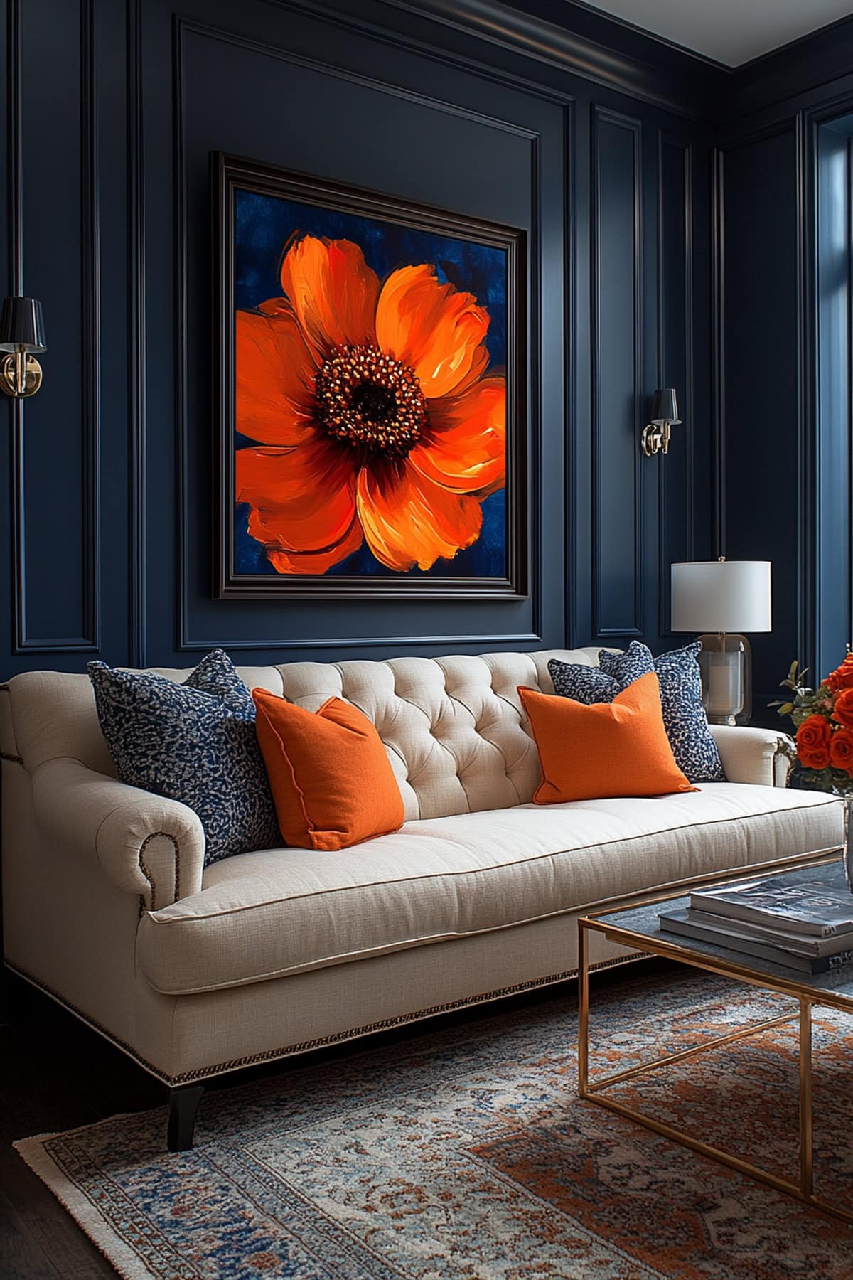 Artistic Dark Blue Living Room with Orange Abstract Decor 02