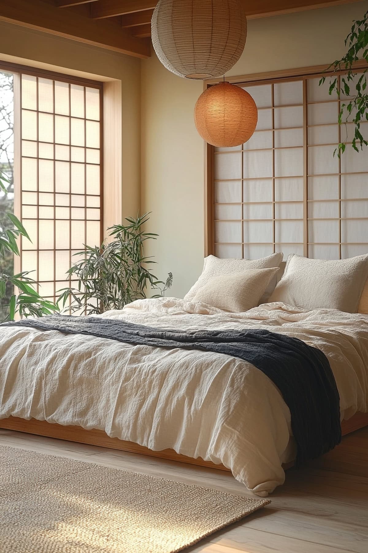 Asian Zen Ivory Apartment Bedroom - 01