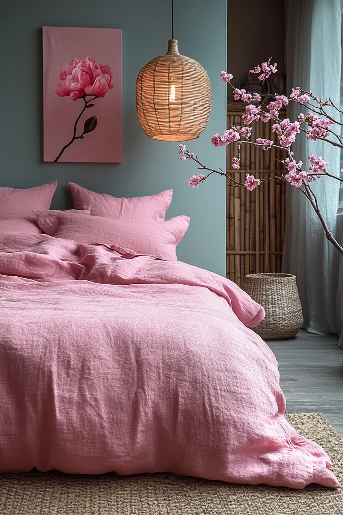 Asian Zen Pink and Grey Bedroom - 01