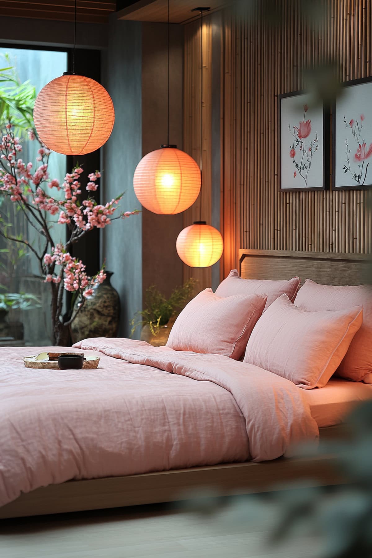 Asian Zen Pink and Grey Bedroom - 02