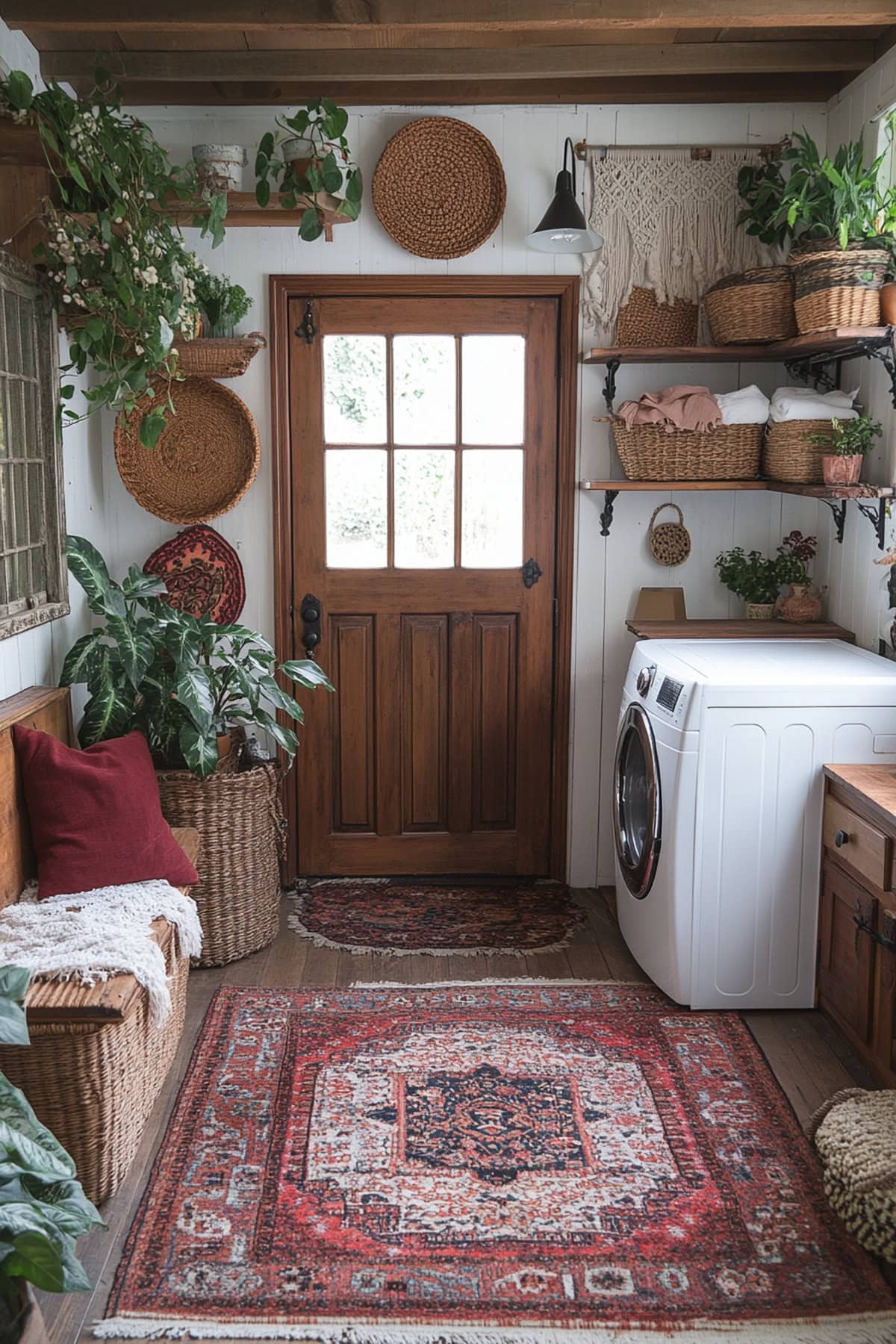 Warm mudroom laundry room featuring plants and patterned tiles.