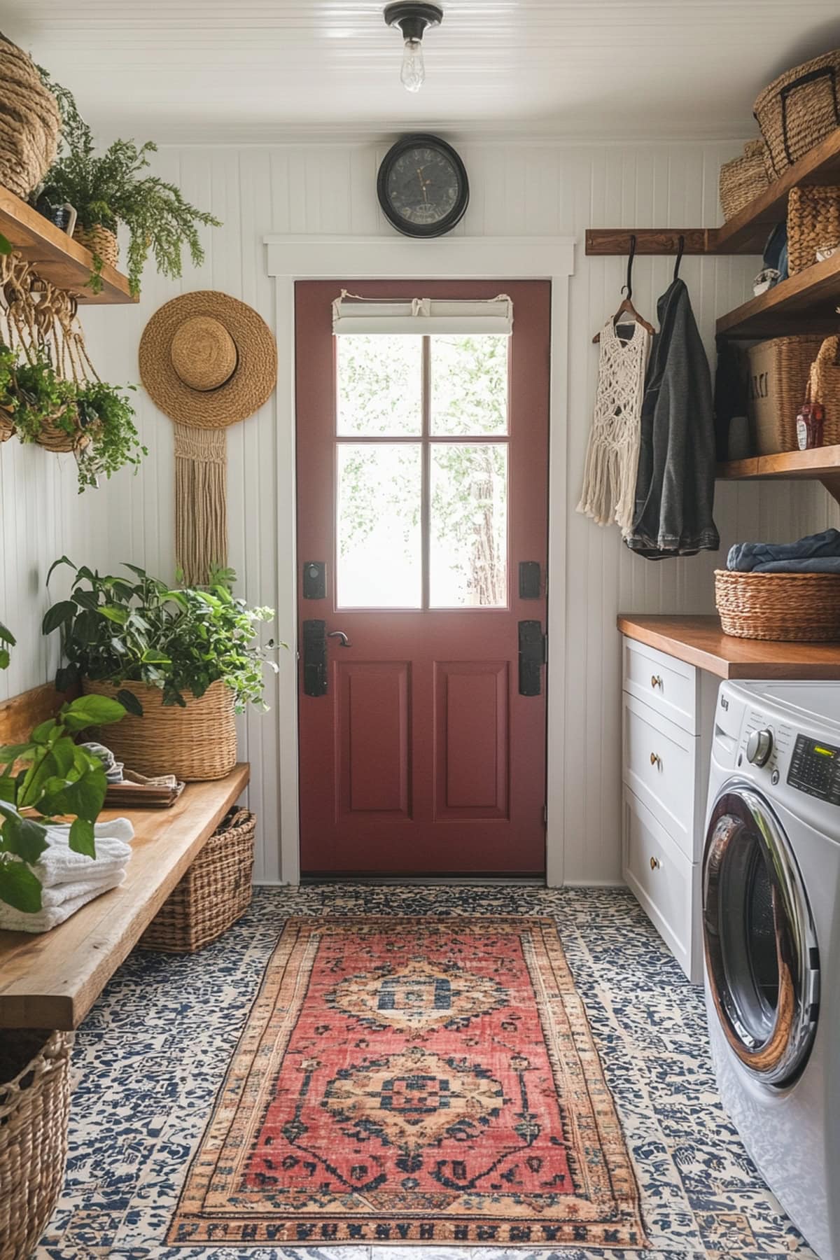 Bohemian mudroom with vibrant colors and eclectic decor.