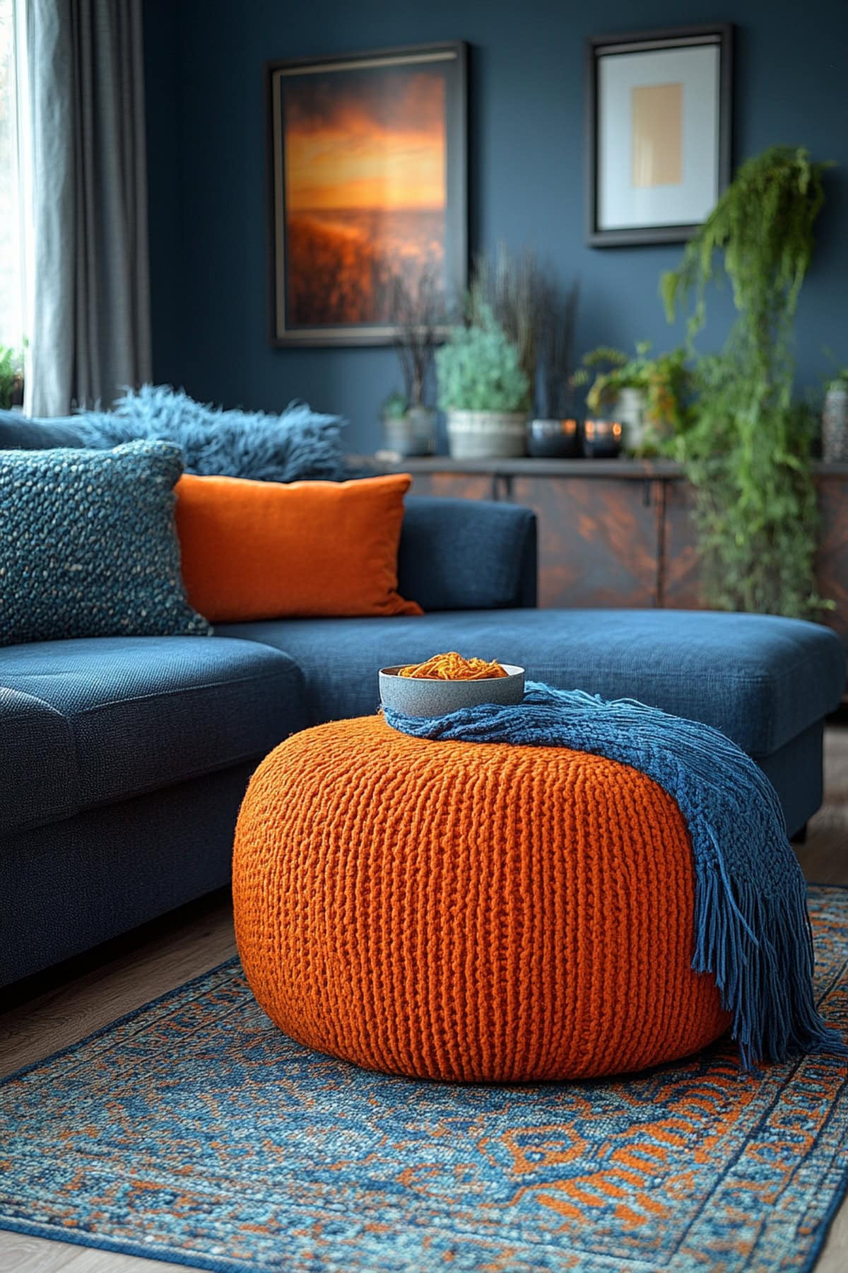 Bohemian Dark Blue Living Room with Orange Accents 01