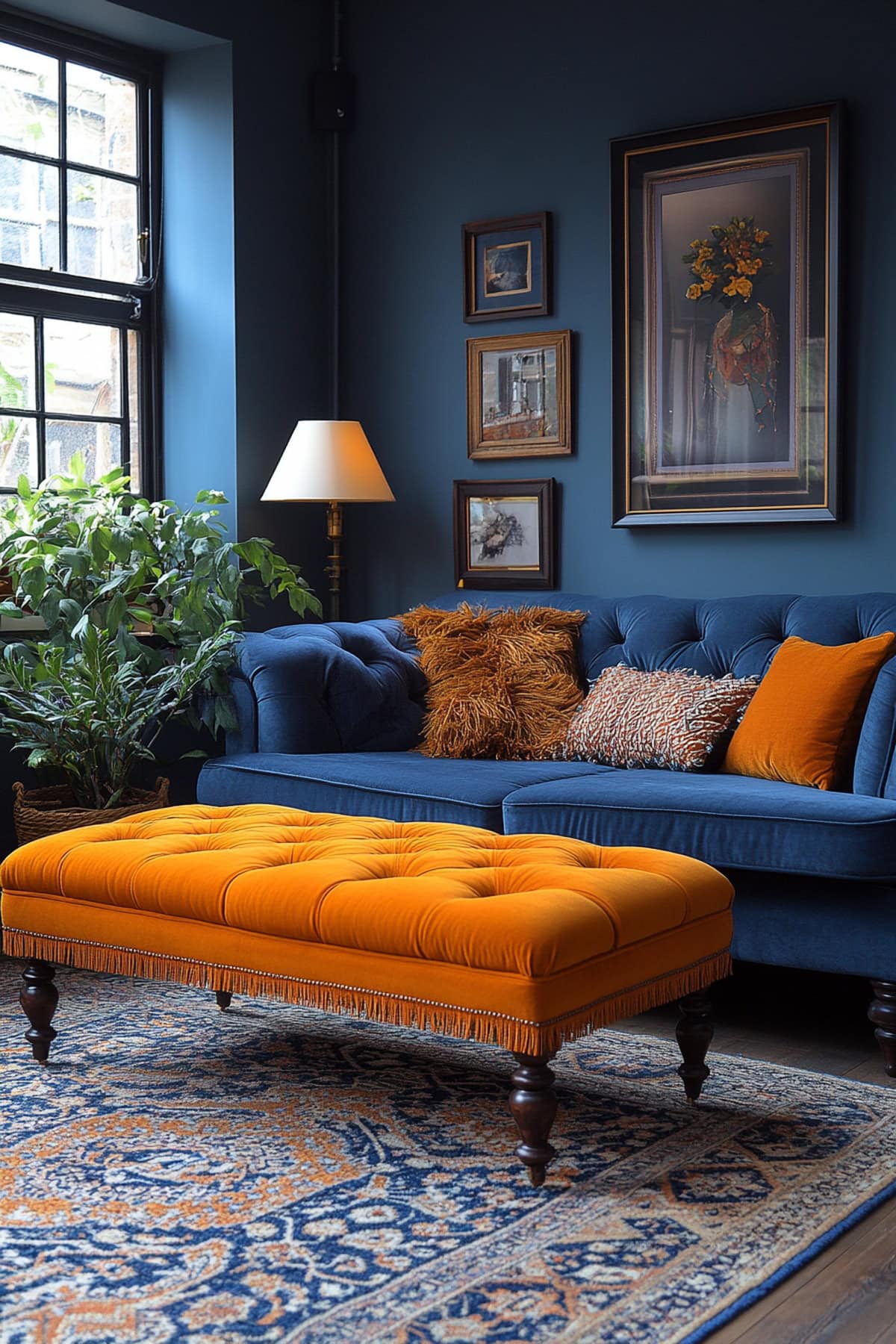 Bohemian Dark Blue Living Room with Orange Accents 02