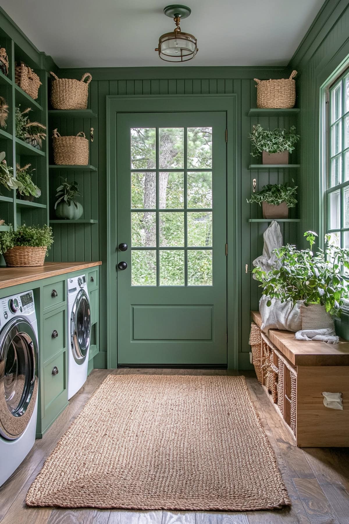 Lush mudroom laundry room featuring greenery and natural materials.