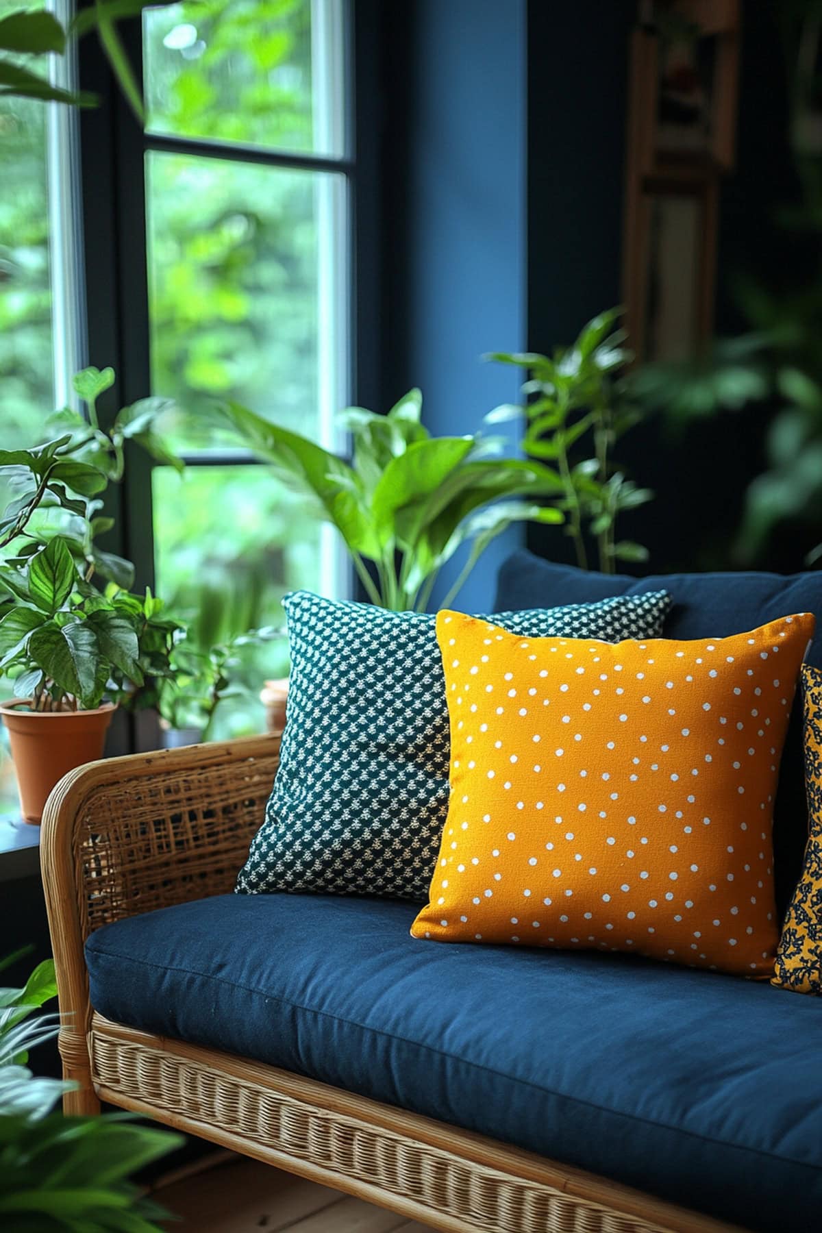 Bright Dark Blue Sunroom with Subtle Orange Patterns 01