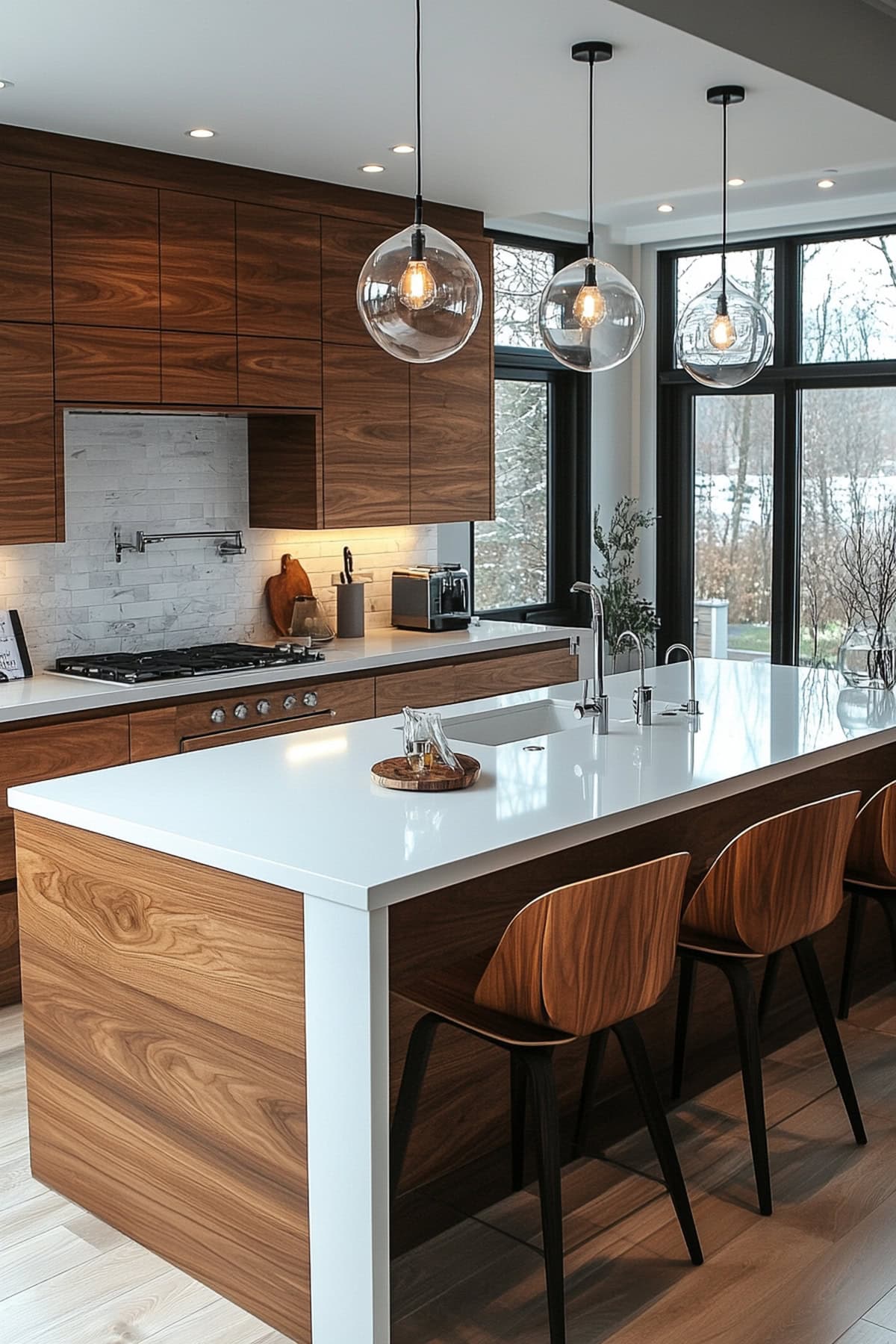 Modern kitchen with white and wood island and bar stools