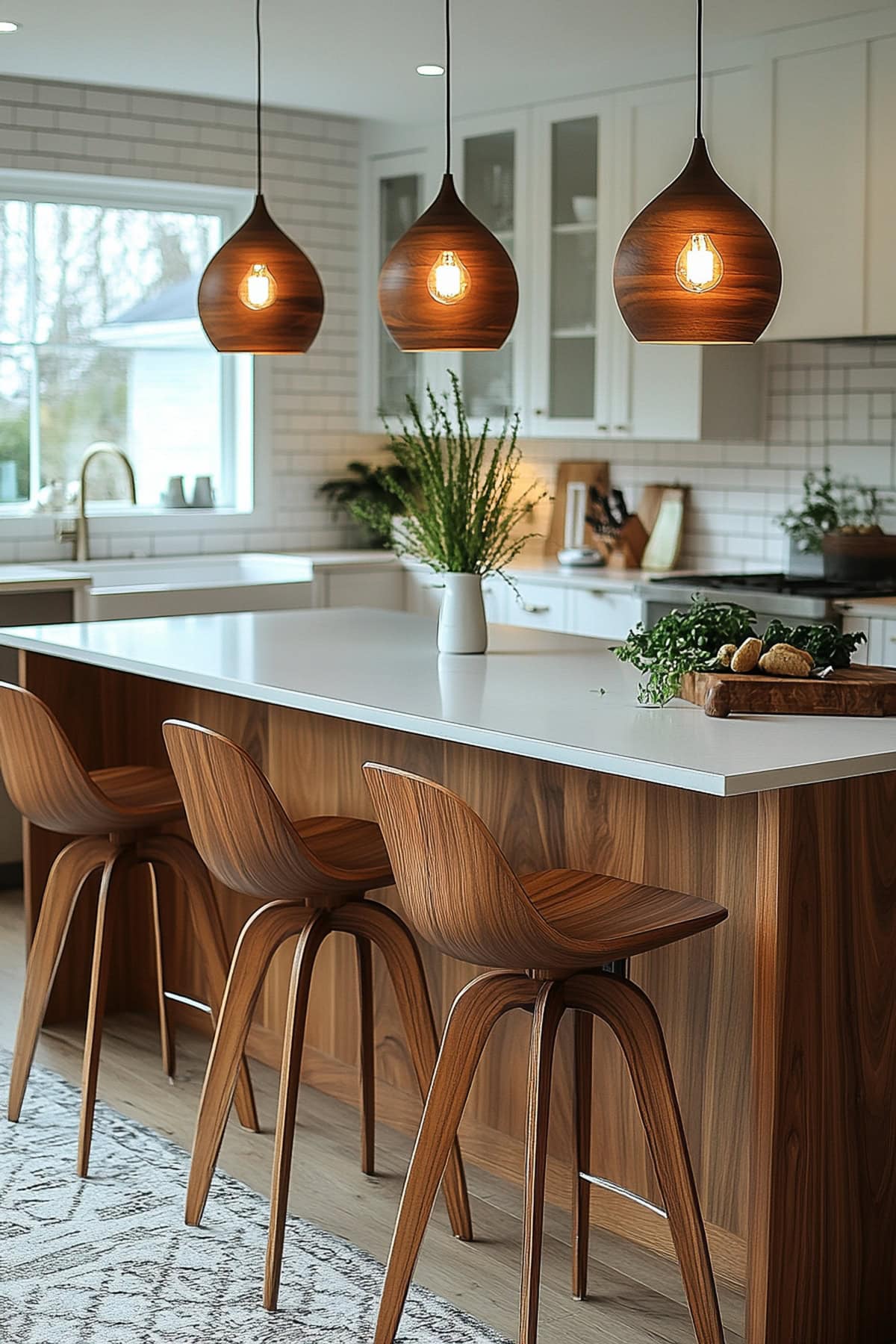 Kitchen featuring a stylish white countertop and wooden accents