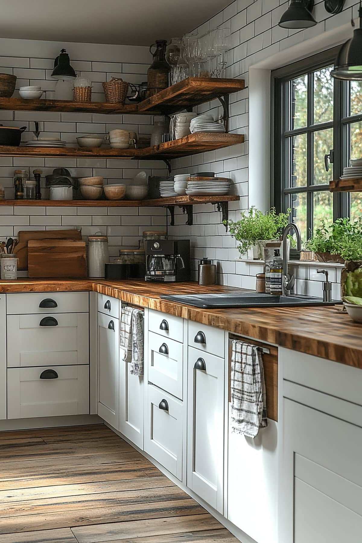 Modern kitchen with white cabinets and wooden countertops