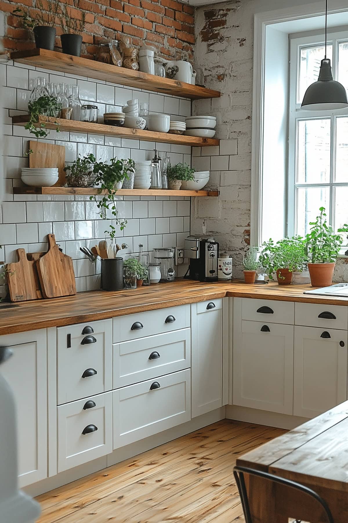 Chic kitchen featuring white and wood decor with open shelving