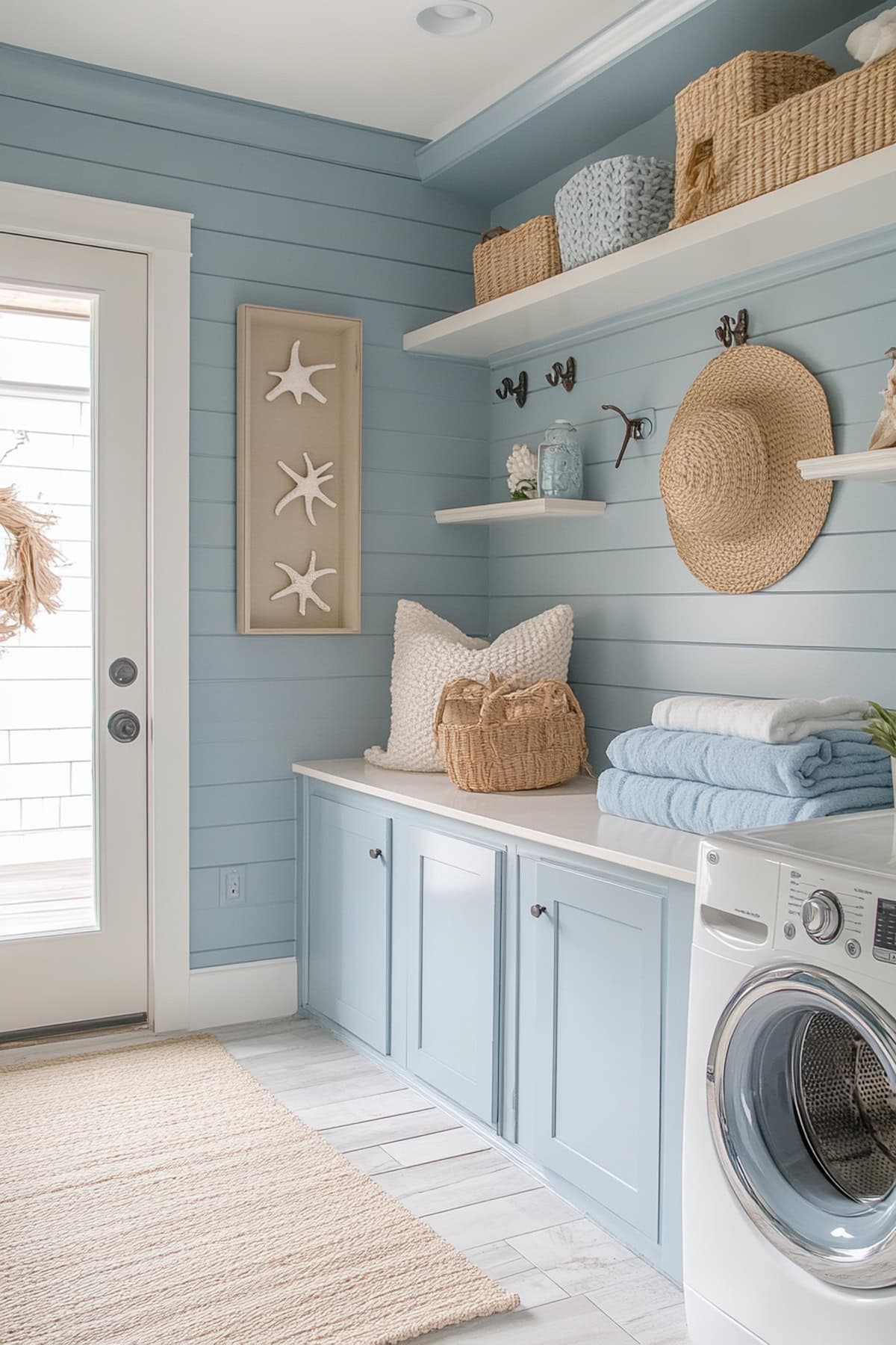 Beach-inspired mudroom laundry room featuring shiplap walls and driftwood decor.