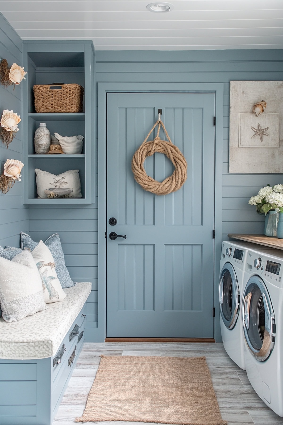 Coastal mudroom with light blues and nautical accents.