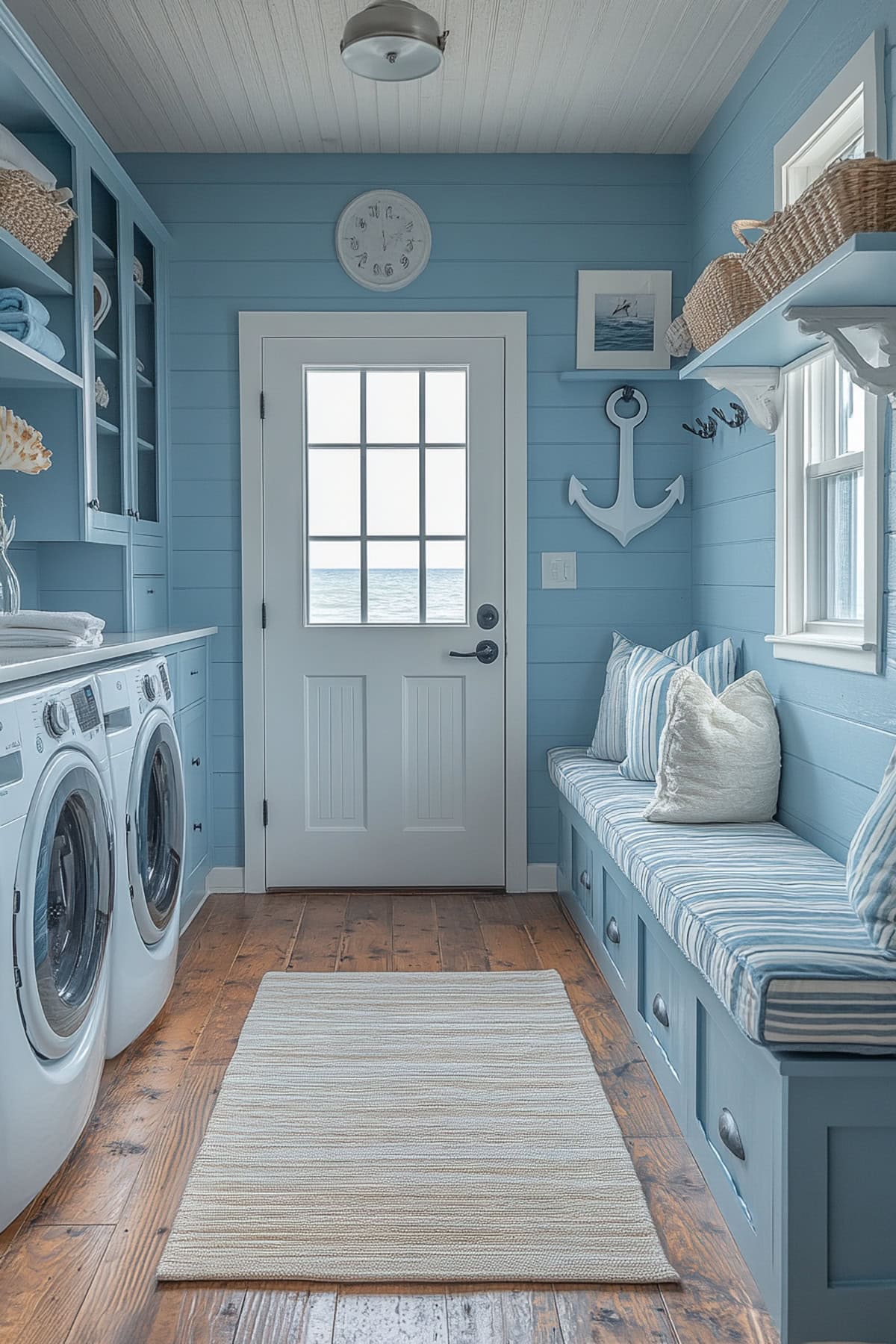 Coastal mudroom with beadboard walls and nautical decor.