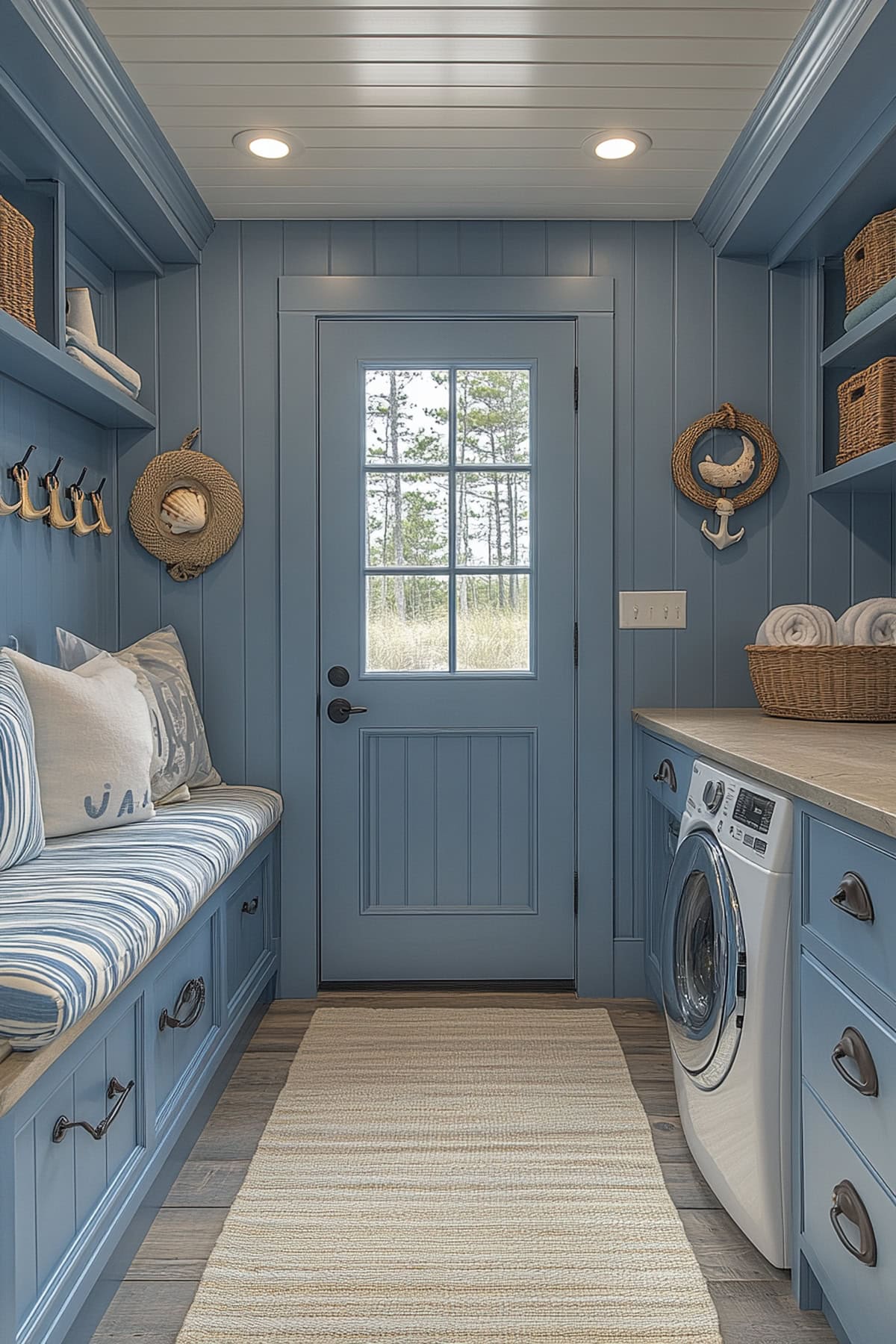 Beach-inspired mudroom laundry room featuring soft blues and open shelving.