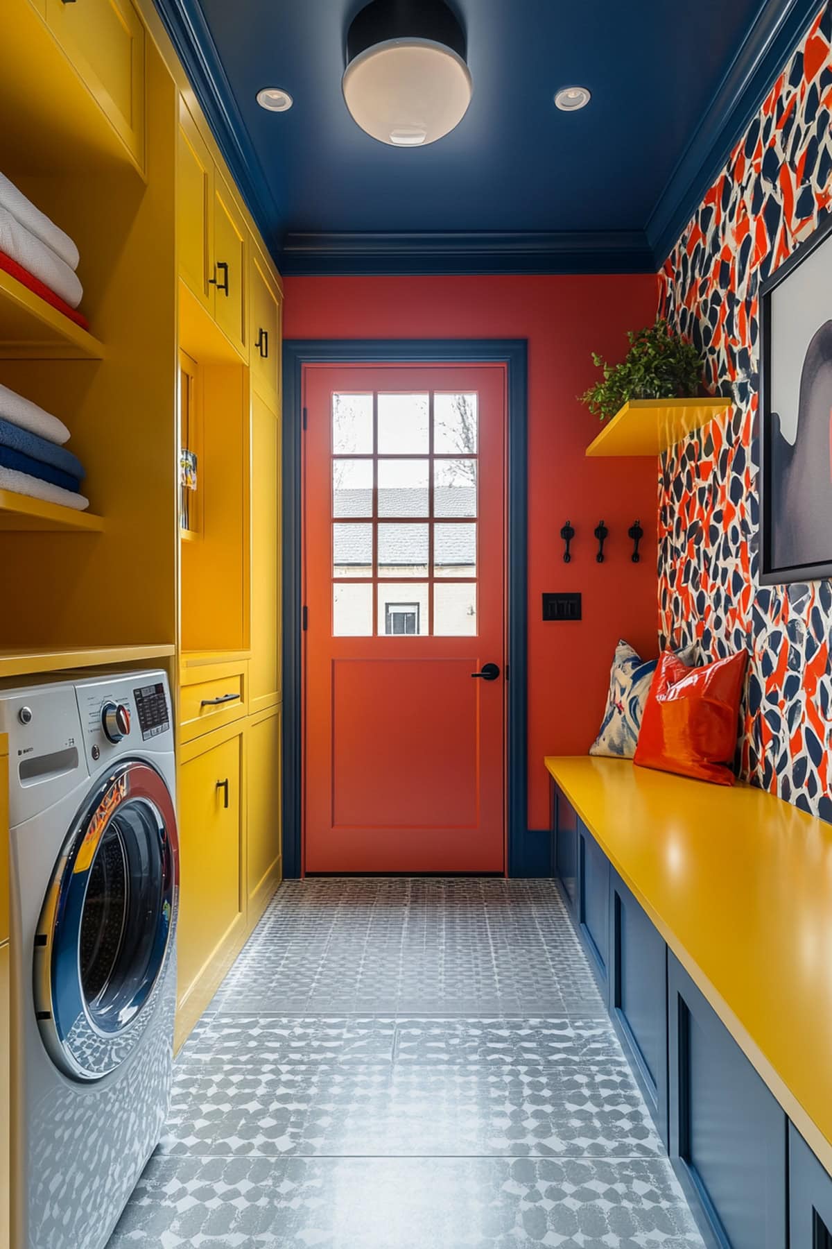 Artistic mudroom with bold colors and abstract designs.