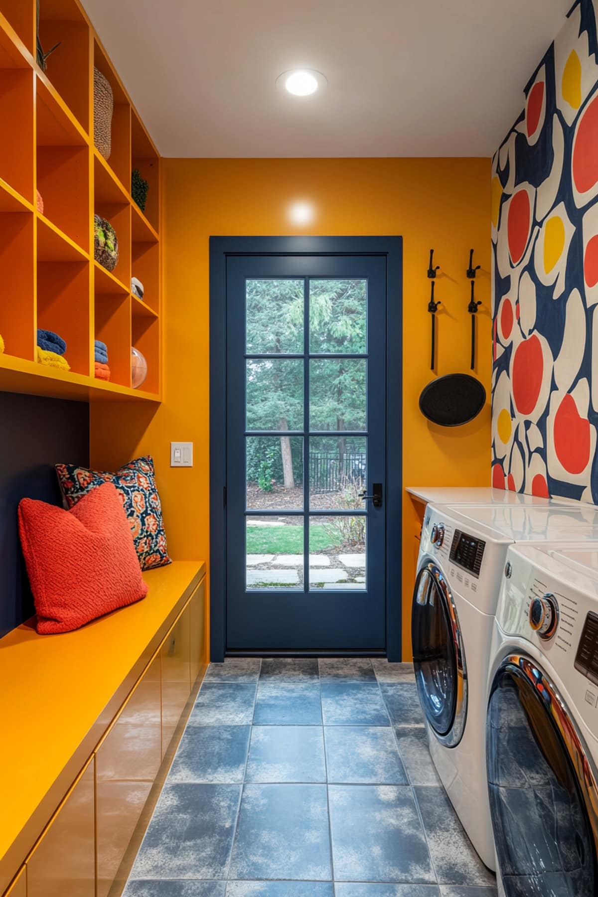 Modern mudroom laundry room featuring unique art pieces and sleek fixtures.