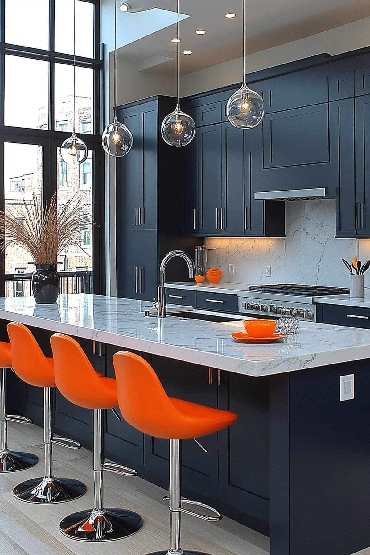 Contemporary Dark Blue Kitchen with Orange Accents 01