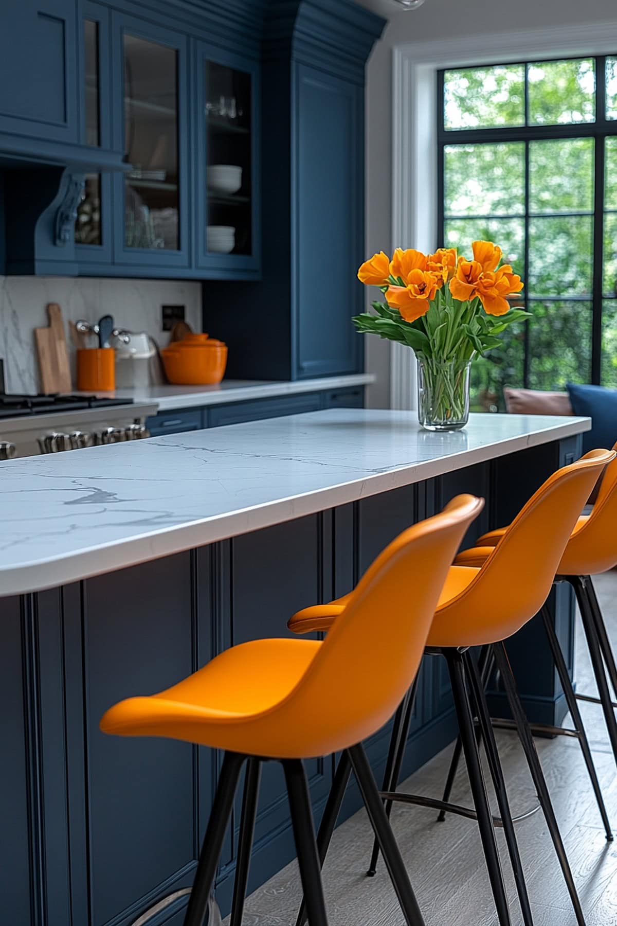 Contemporary Dark Blue Kitchen with Orange Accents 03