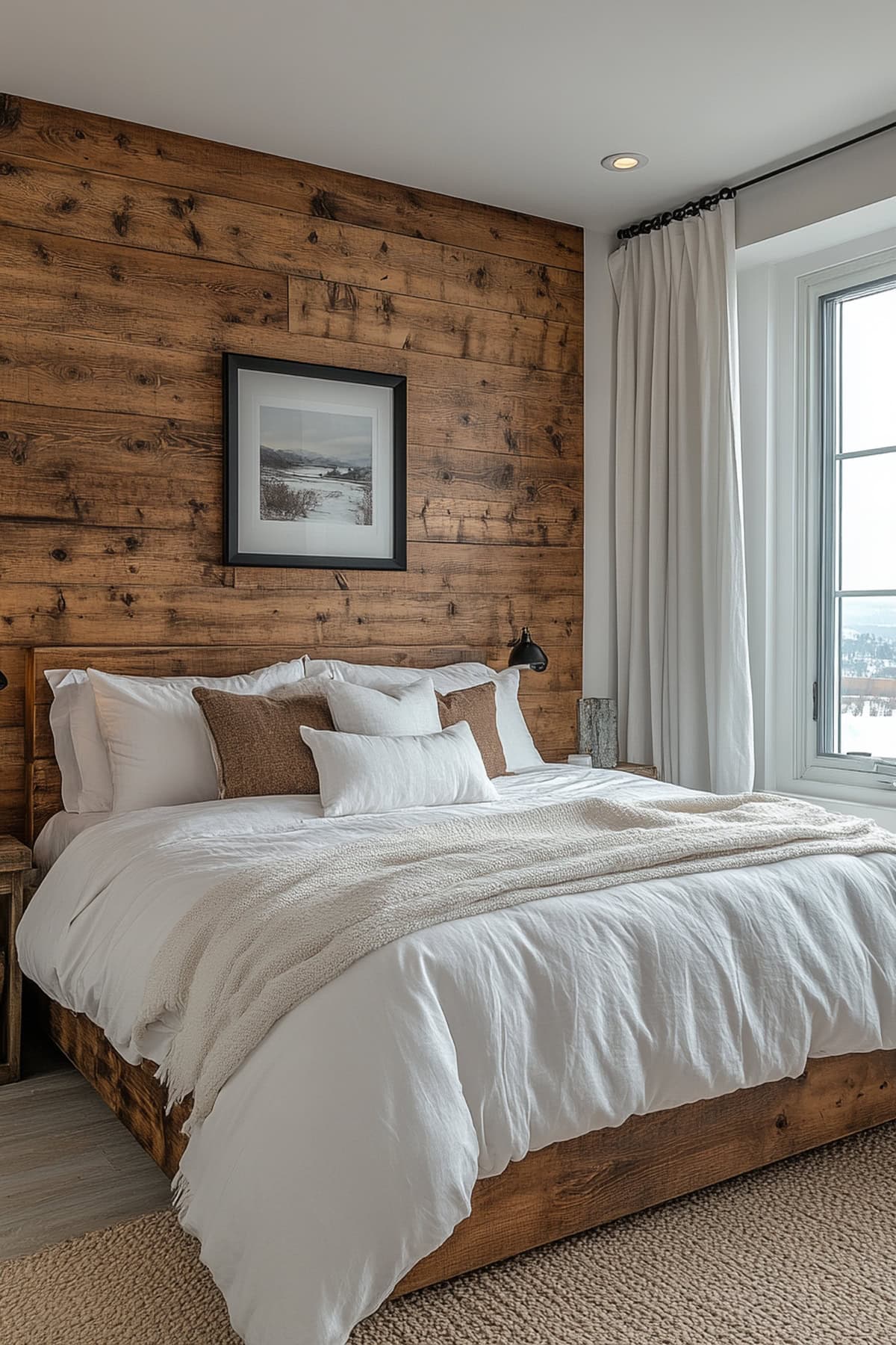 Bedroom with wooden accent wall and white bedding