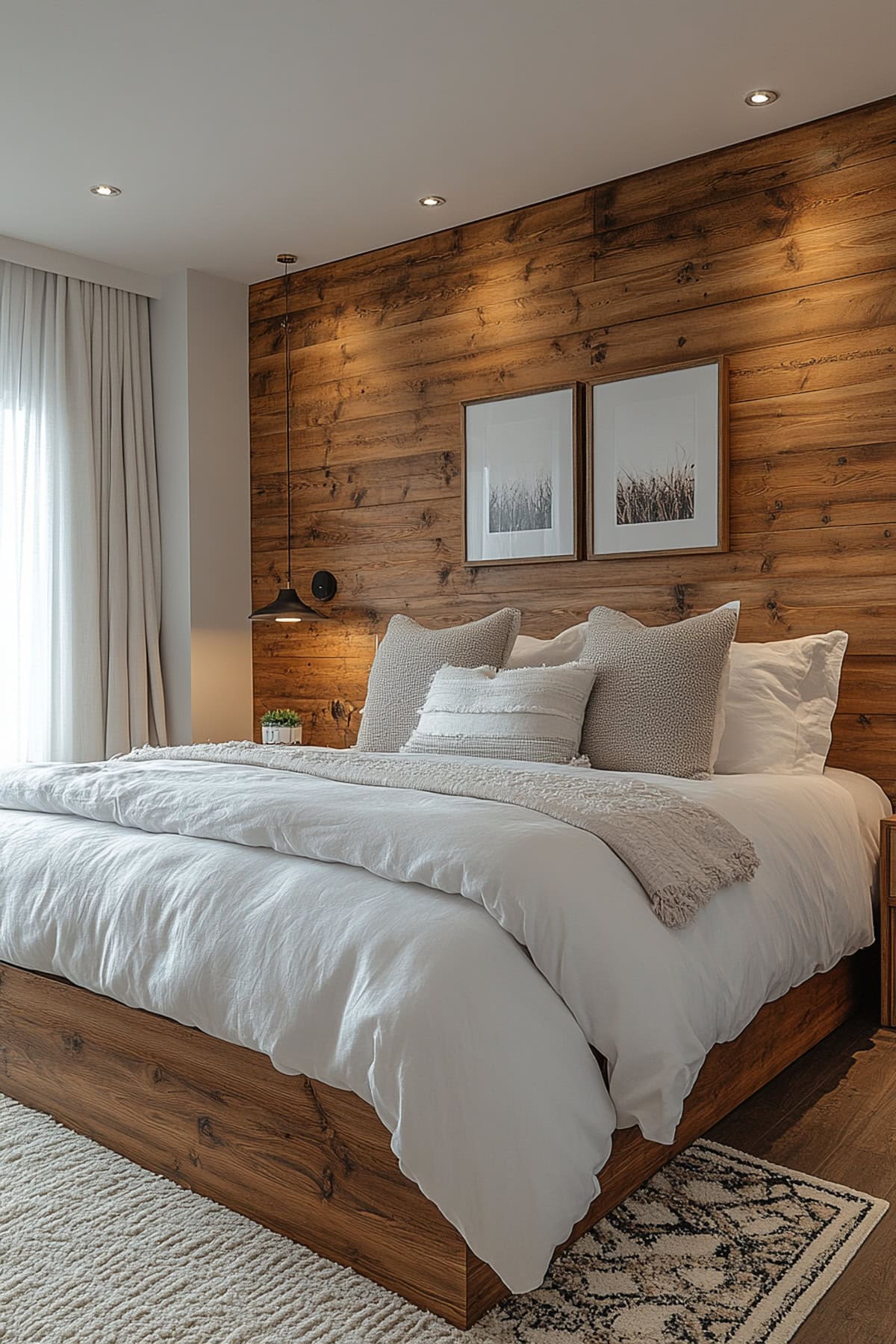 Contemporary bedroom featuring wood and white decor