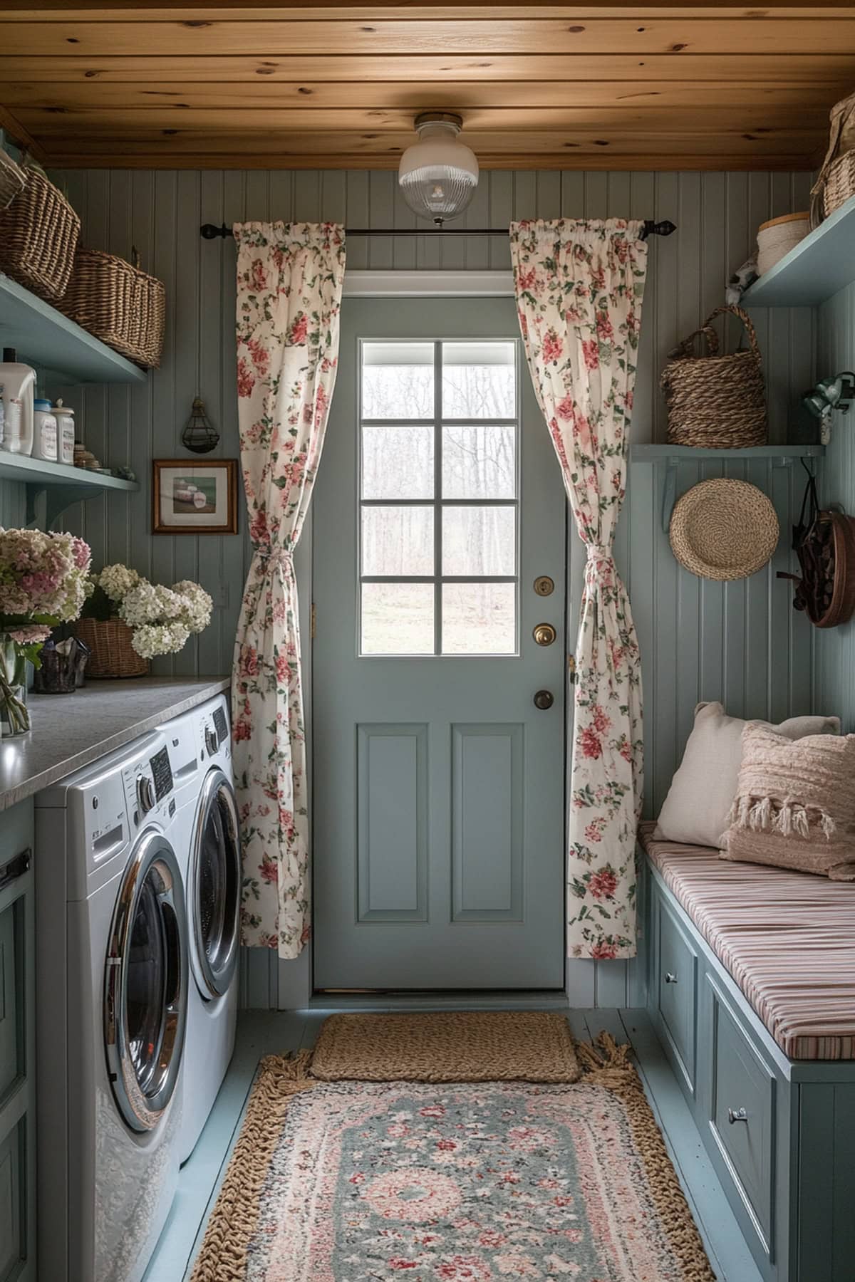 Cozy cottage mudroom with pastel hues and vintage touches.