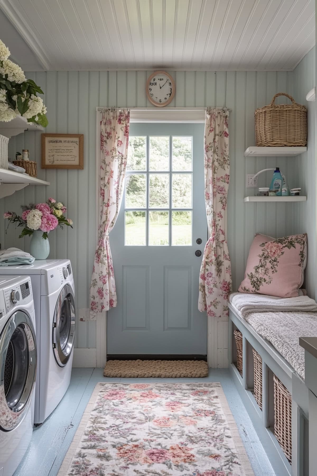 Charming mudroom laundry room featuring beadboard walls and floral accents.