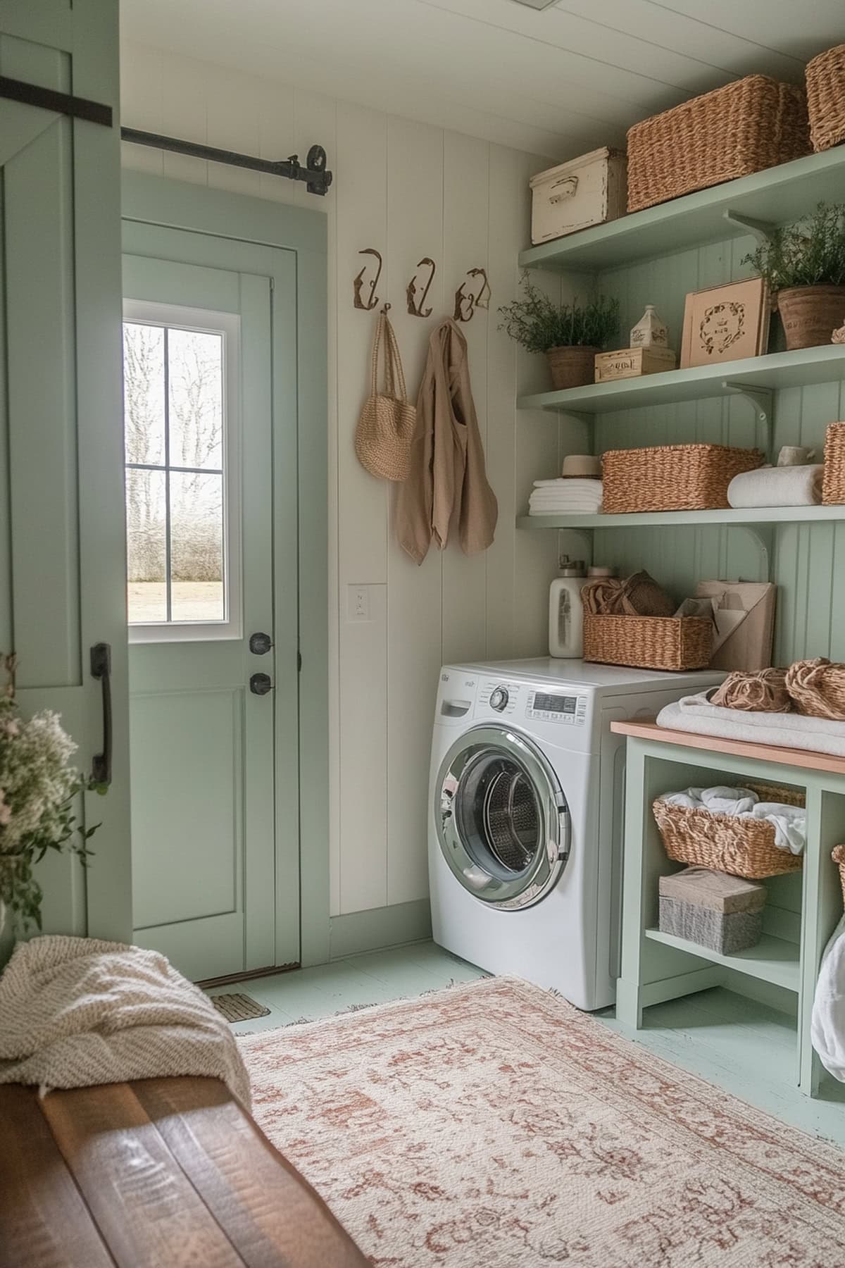 Country chic mudroom with barn doors and vintage accents.