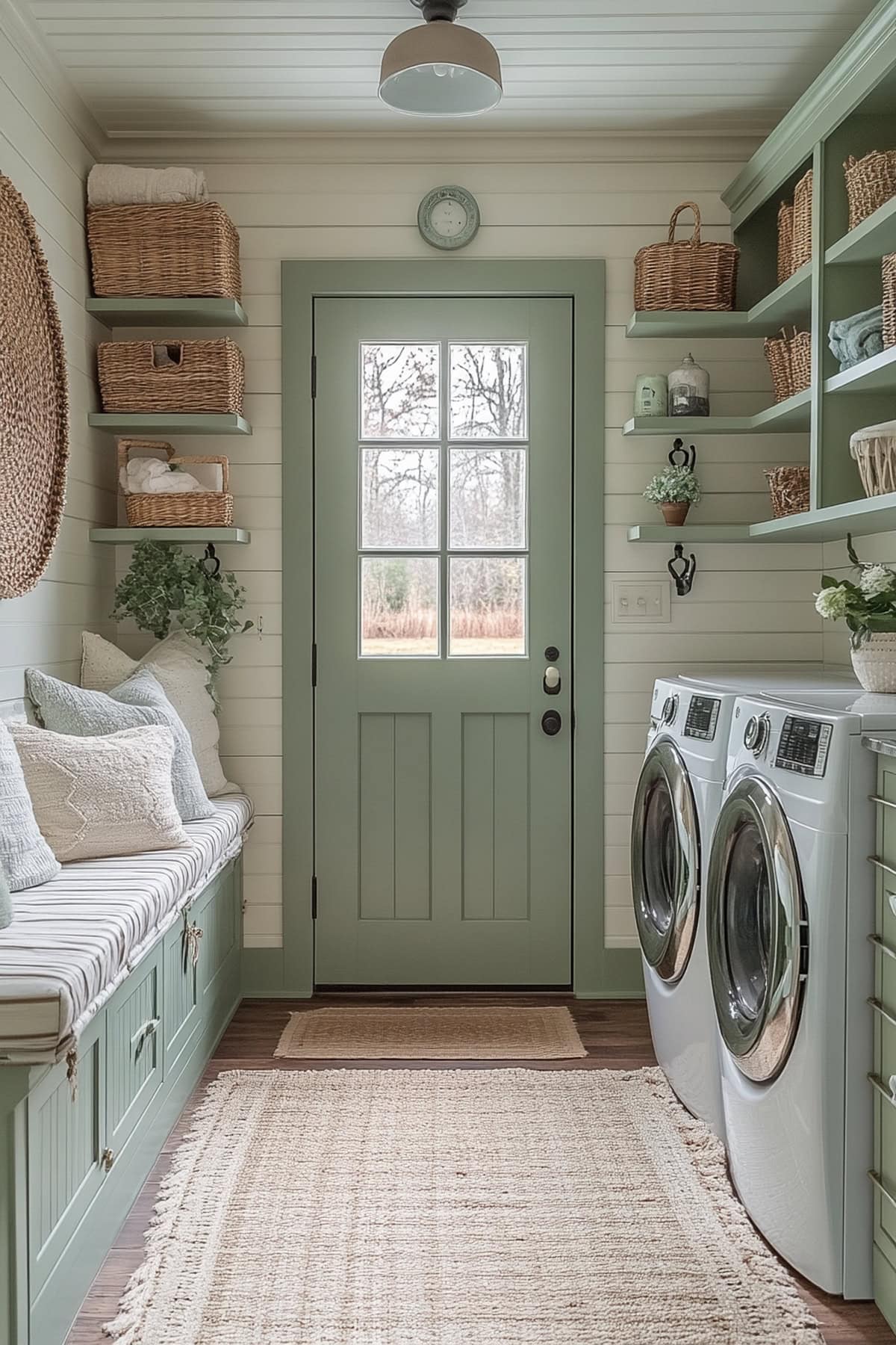 Welcoming mudroom laundry room featuring soft colors and rustic charm.