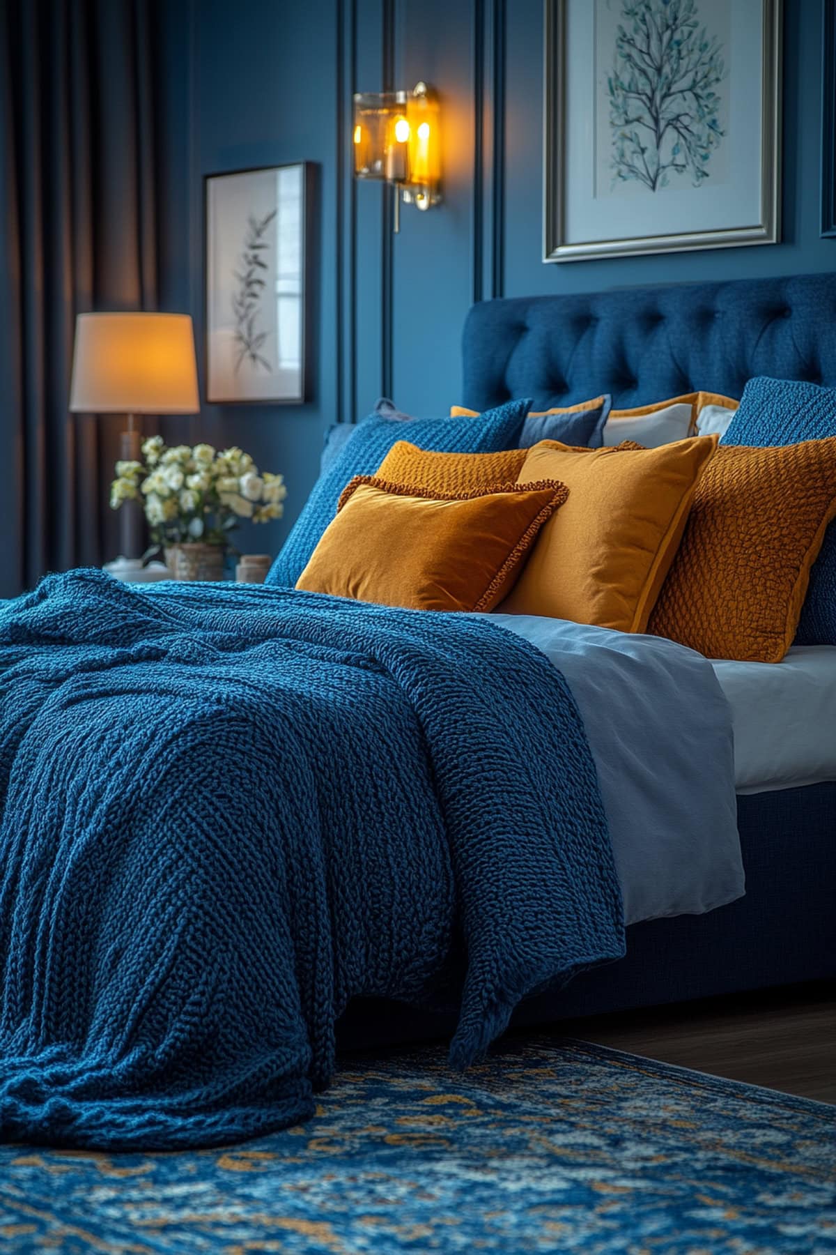 Cozy Dark Blue Apartment Bedroom with Pops of Burnt Orange 01