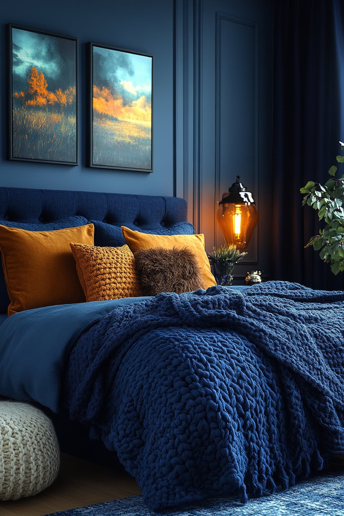 Cozy Dark Blue Apartment Bedroom with Pops of Burnt Orange 02