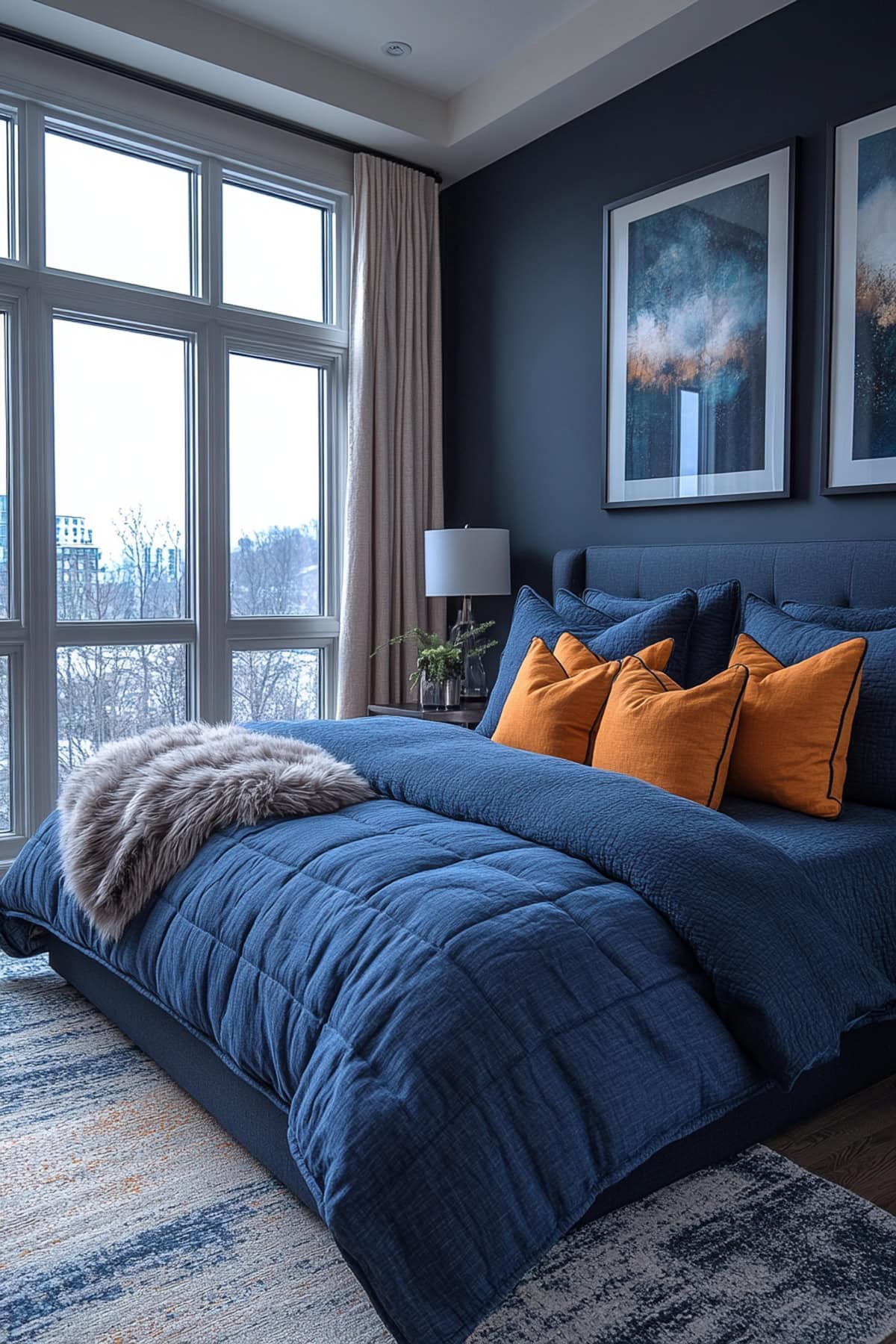 Cozy Dark Blue and Orange Guest Bedroom 01