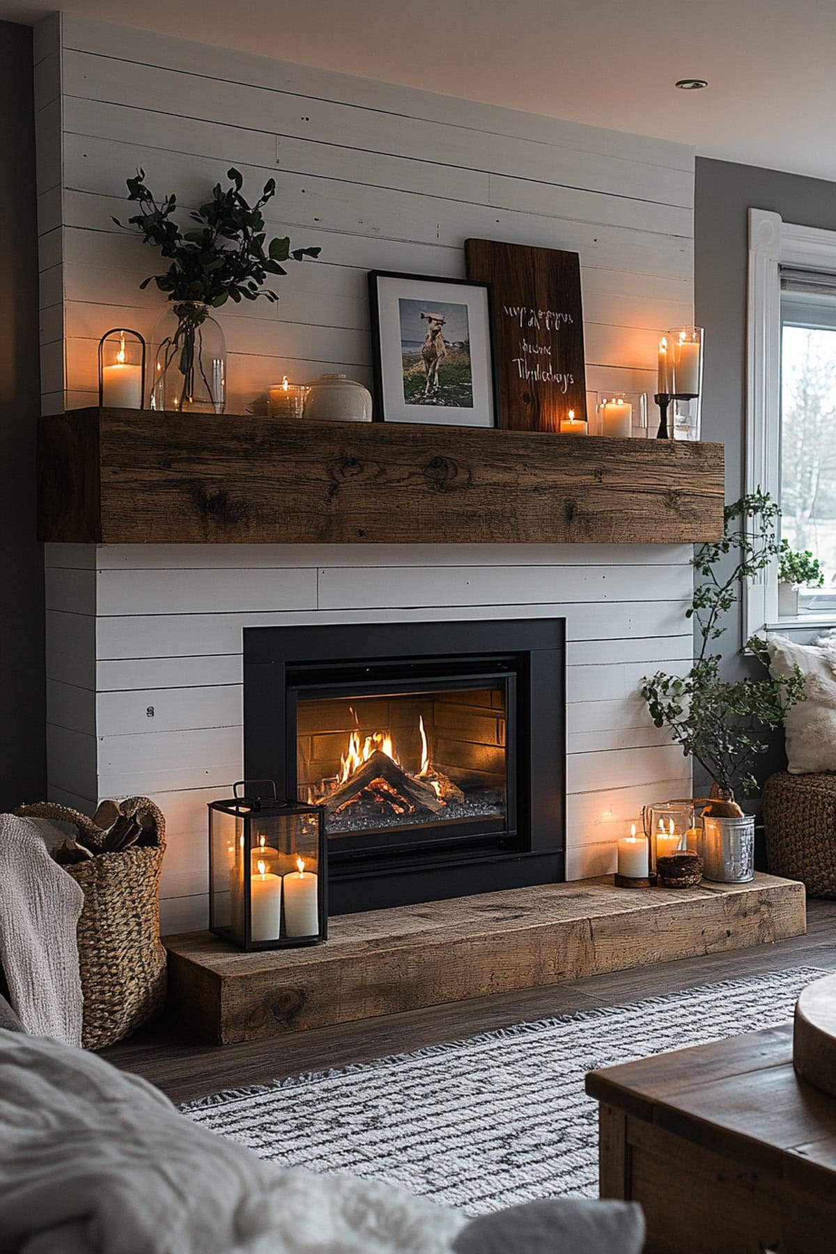 Living room with white shiplap fireplace and wooden mantel