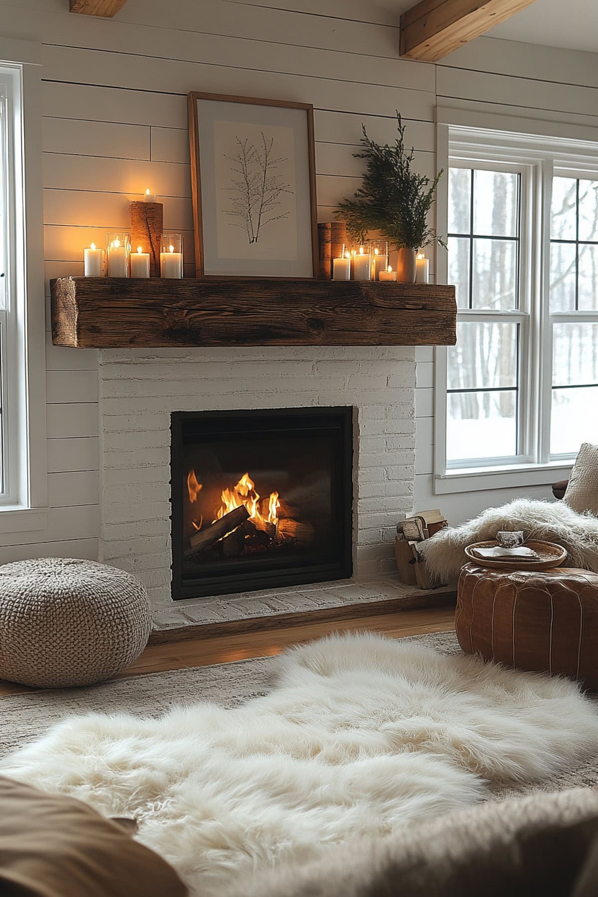 Cozy seating area featuring fireplace and wood accents